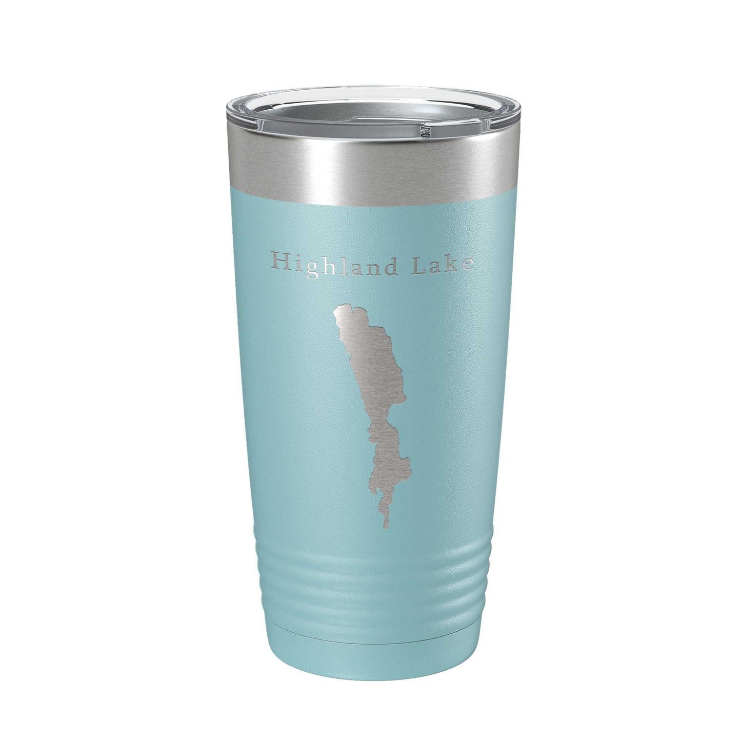 Highland Lake Map Tumbler travel mug with laser engraved design, insulated stainless steel, clear lid, 20 oz capacity.