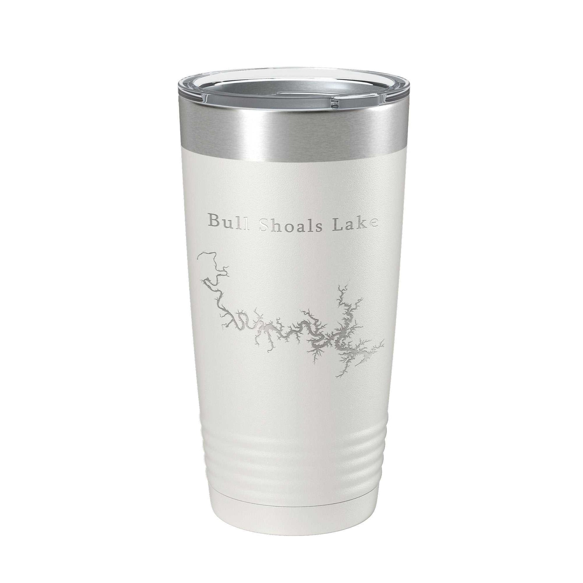 Bull Shoals Lake map laser engraved insulated stainless steel travel tumbler with clear lid, 20 oz capacity.