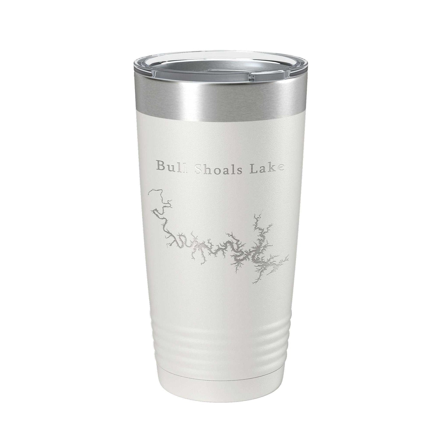 Bull Shoals Lake map laser engraved insulated stainless steel travel tumbler with clear lid, 20 oz capacity.