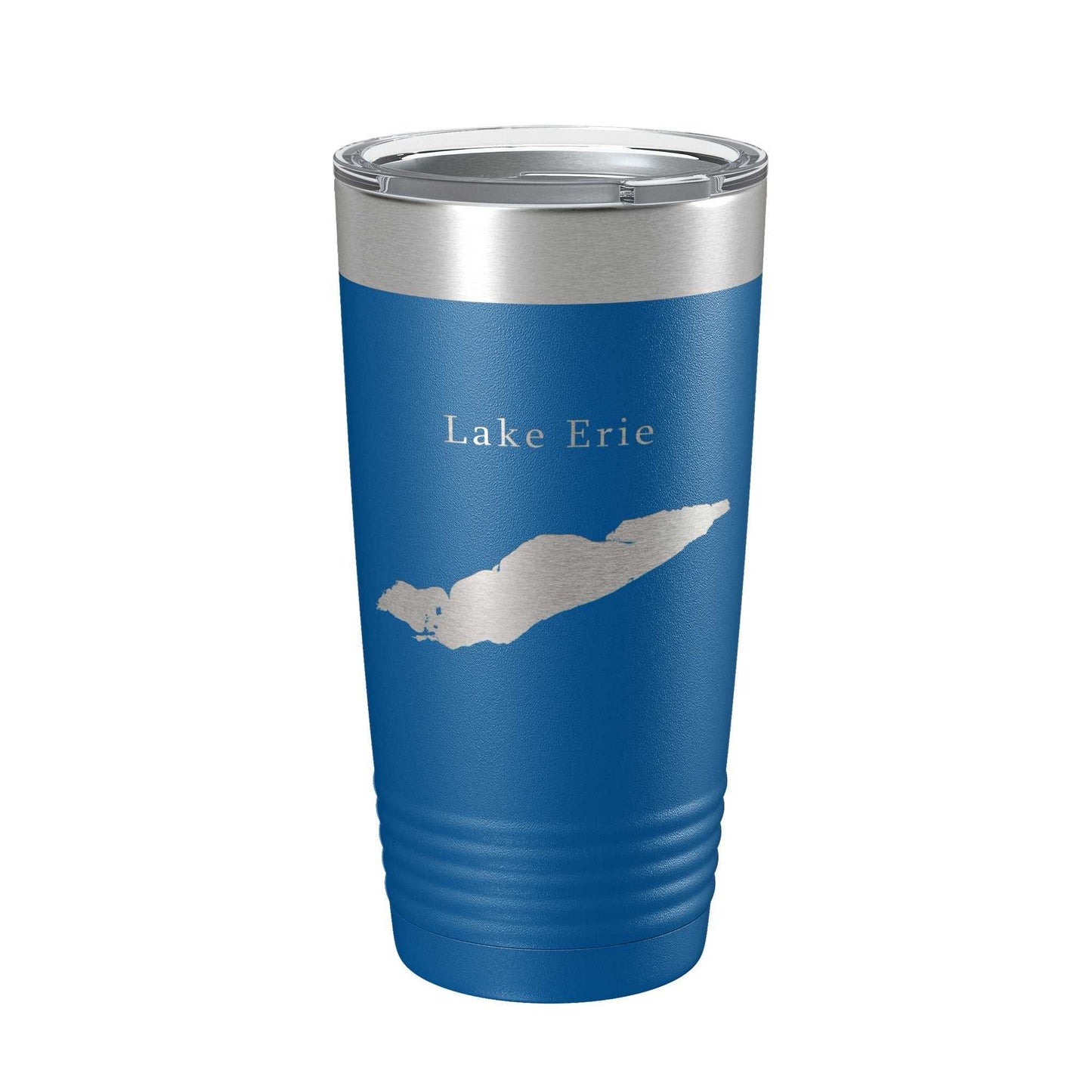 Blue insulated travel mug with laser engraved Lake Erie map and clear lid, 20 oz stainless steel tumbler