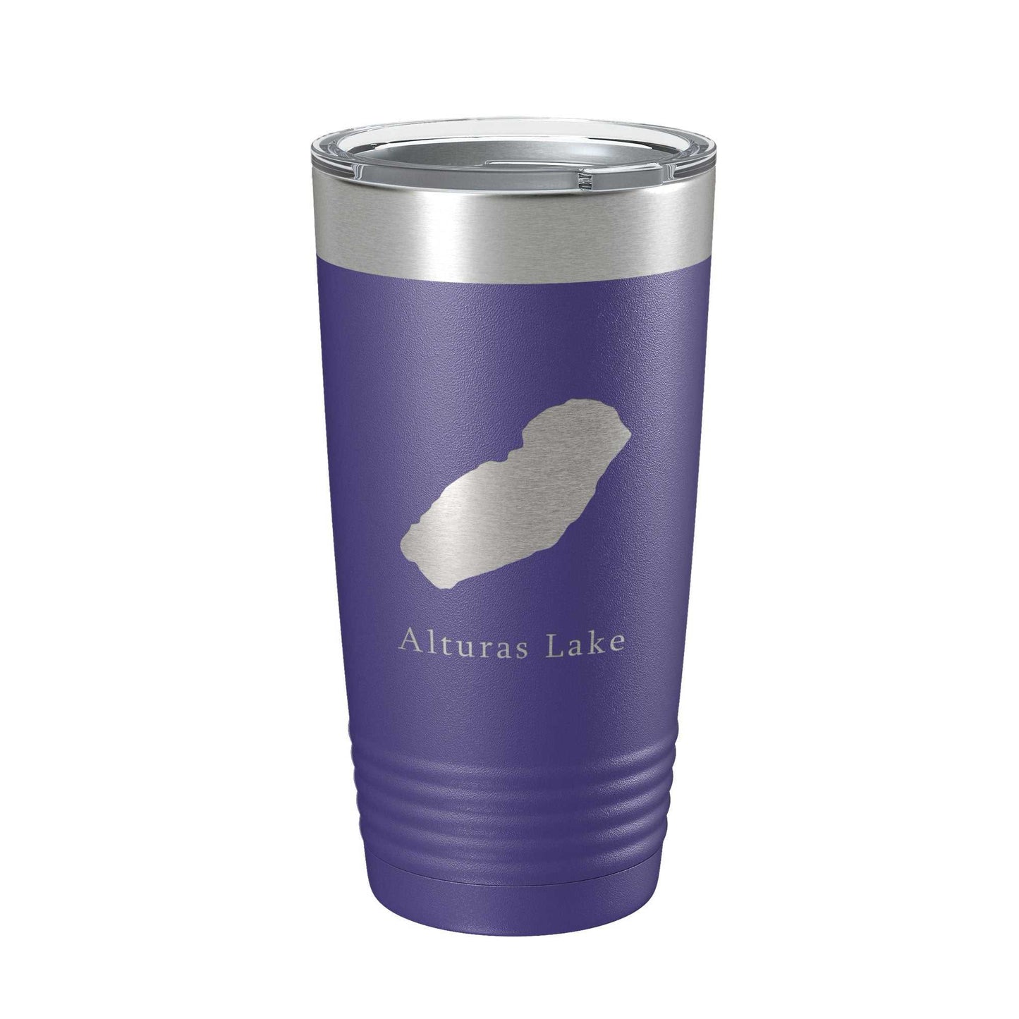 Alturas Lake Map Tumbler travel mug with laser etched map design, insulated 20 oz stainless steel coffee cup with clear lid and straw hole, purple powder coat finish