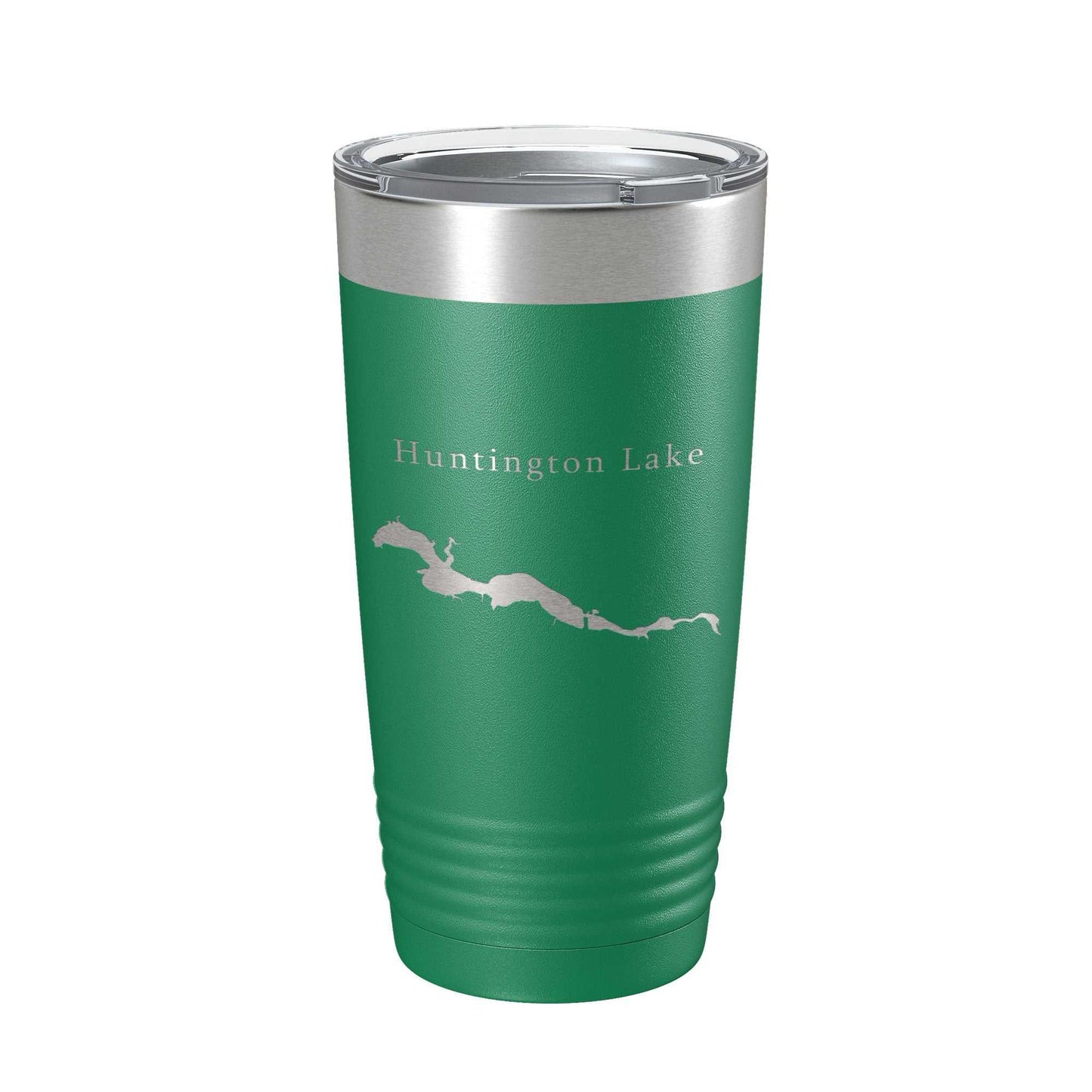 Green insulated travel tumbler with laser engraved Huntington Lake map and clear lid, 20 oz stainless steel coffee cup