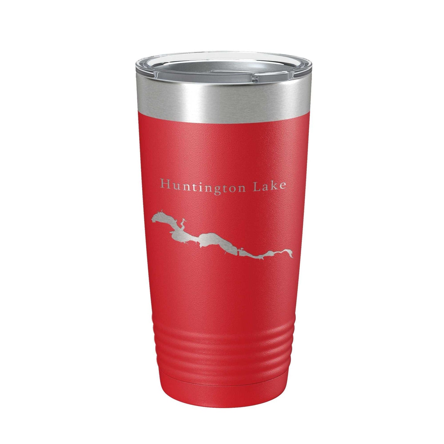 Red insulated travel mug with laser-engraved Huntington Lake map and clear lid, 20 oz stainless steel tumbler