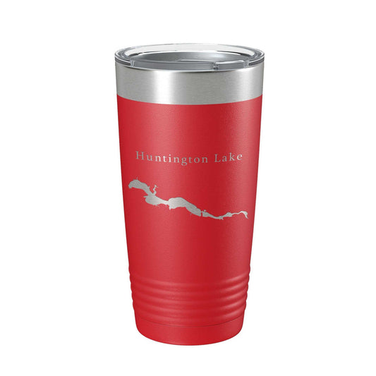Red insulated travel mug with laser-engraved Huntington Lake map and clear lid, 20 oz stainless steel tumbler