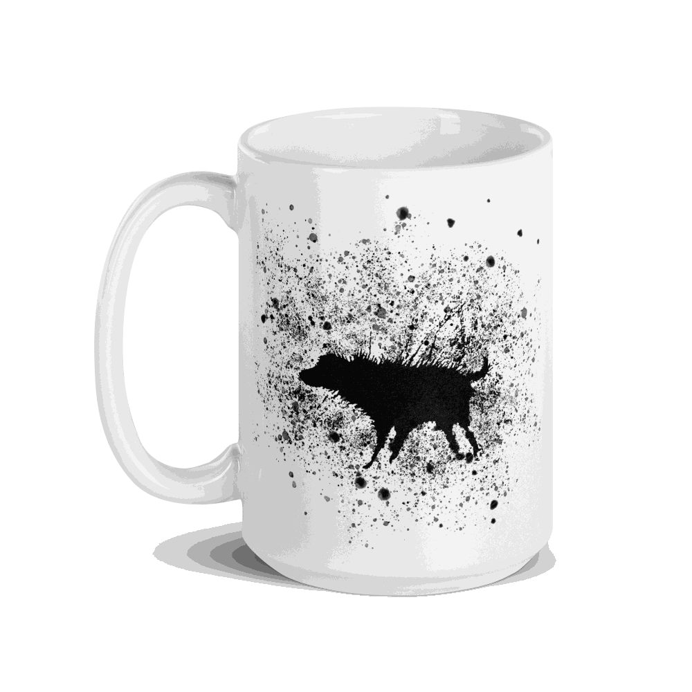 White ceramic mug featuring Banksy Wet Dog black splatter street art design