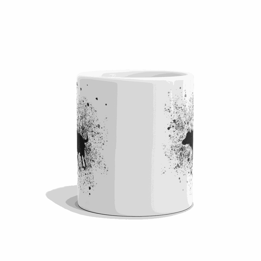 White ceramic mug featuring Banksy Wet Dog splatter street art design on both sides