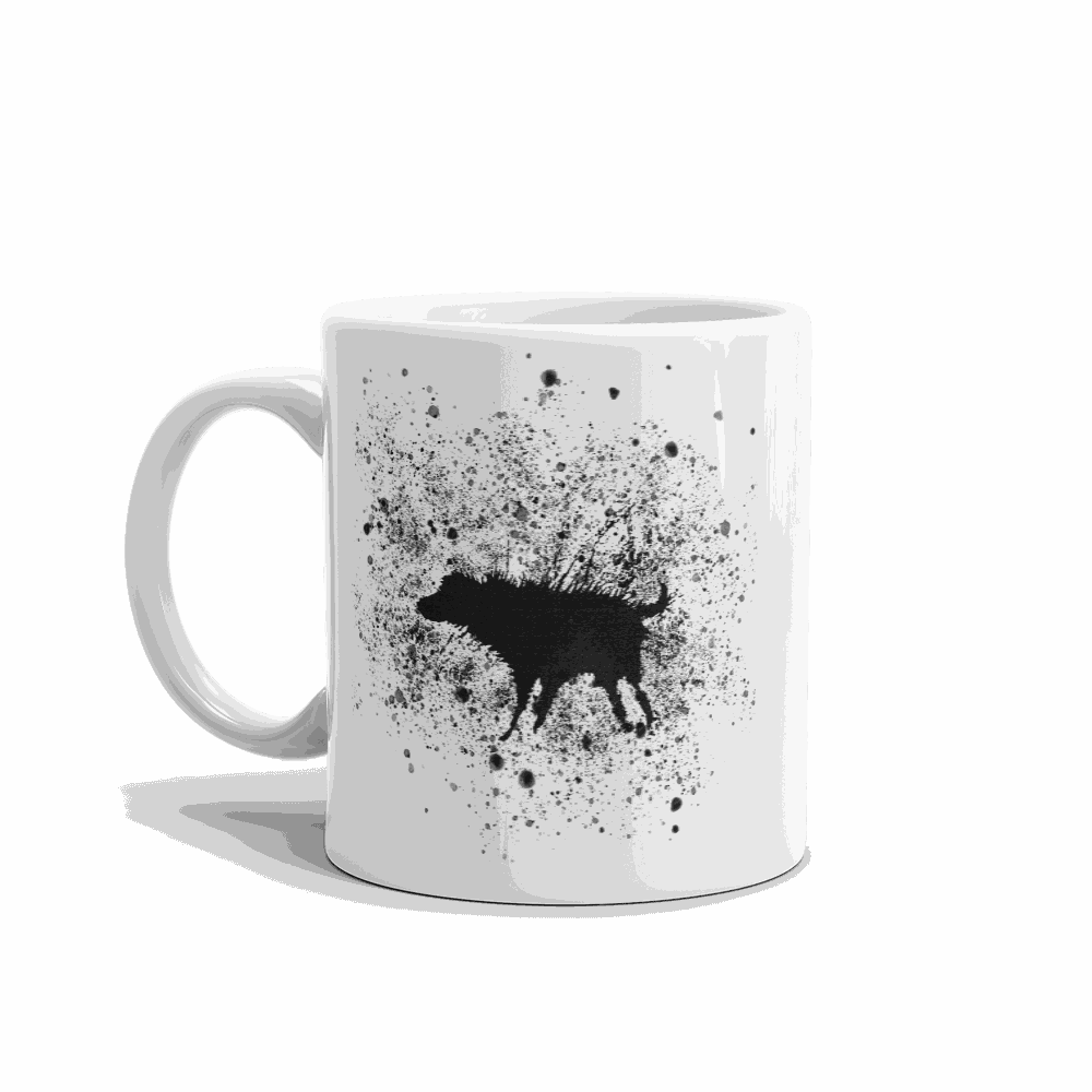 White ceramic mug featuring Banksy Wet Dog black splatter street art design