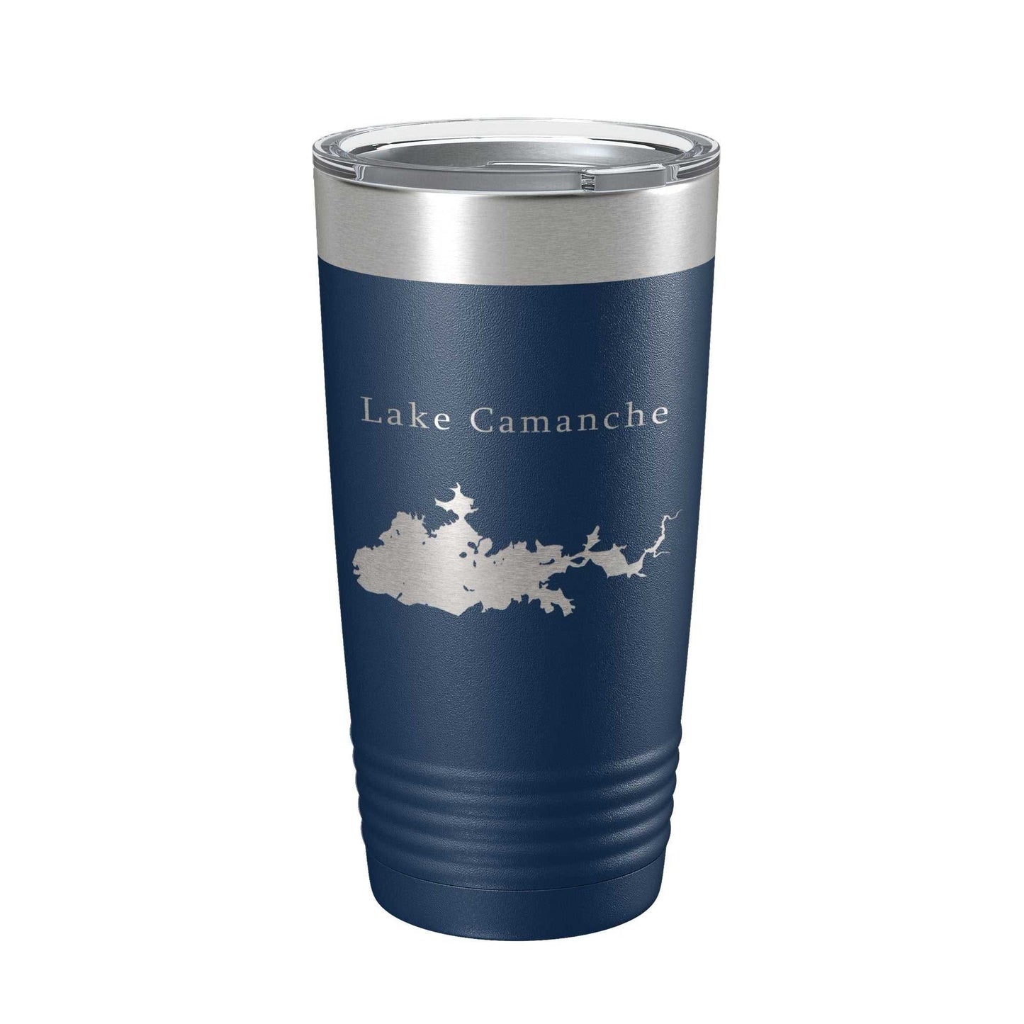 Insulated 20 oz stainless steel travel mug with Lake Camanche map laser engraved on navy blue powder coat surface and clear lid.