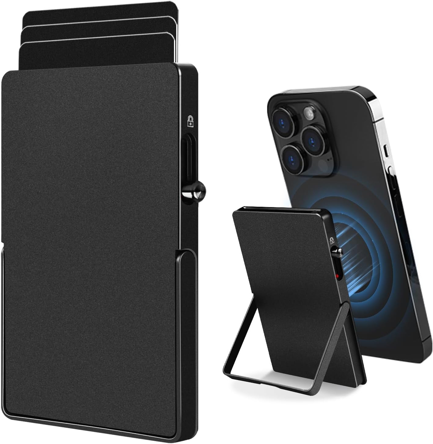 Slim black RFID blocking wallet with metal pop-up card holder and adjustable stand designed for MagSafe-compatible iPhones, shown attached to phone and standing upright.