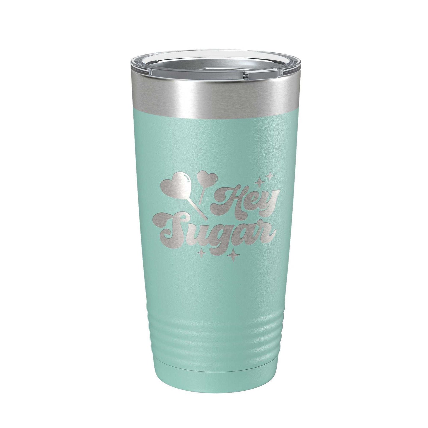 Hey Sugar Tumbler travel mug in mint green with laser-engraved design, insulated stainless steel, clear lid, 20 oz capacity