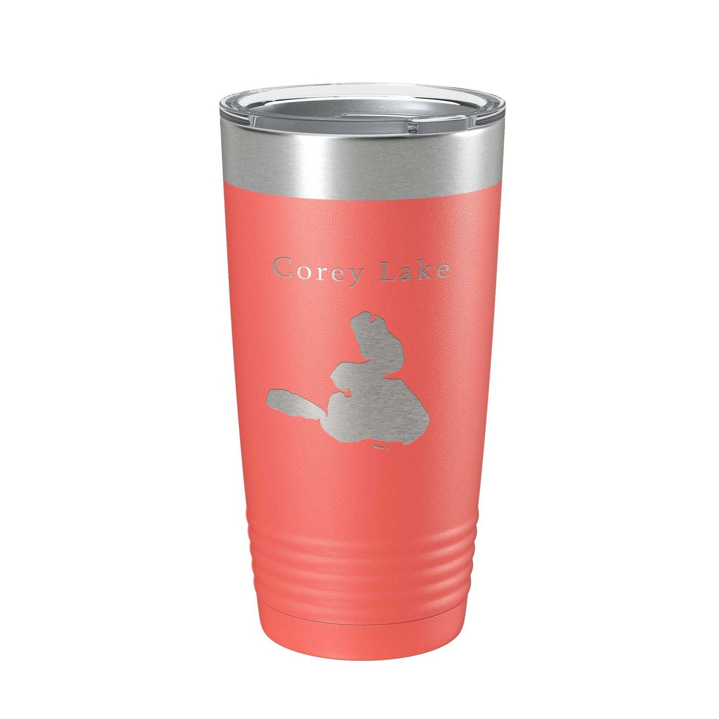 Corey Lake Map insulated travel tumbler in coral with laser engraved design and clear lid, 20 oz stainless steel coffee mug