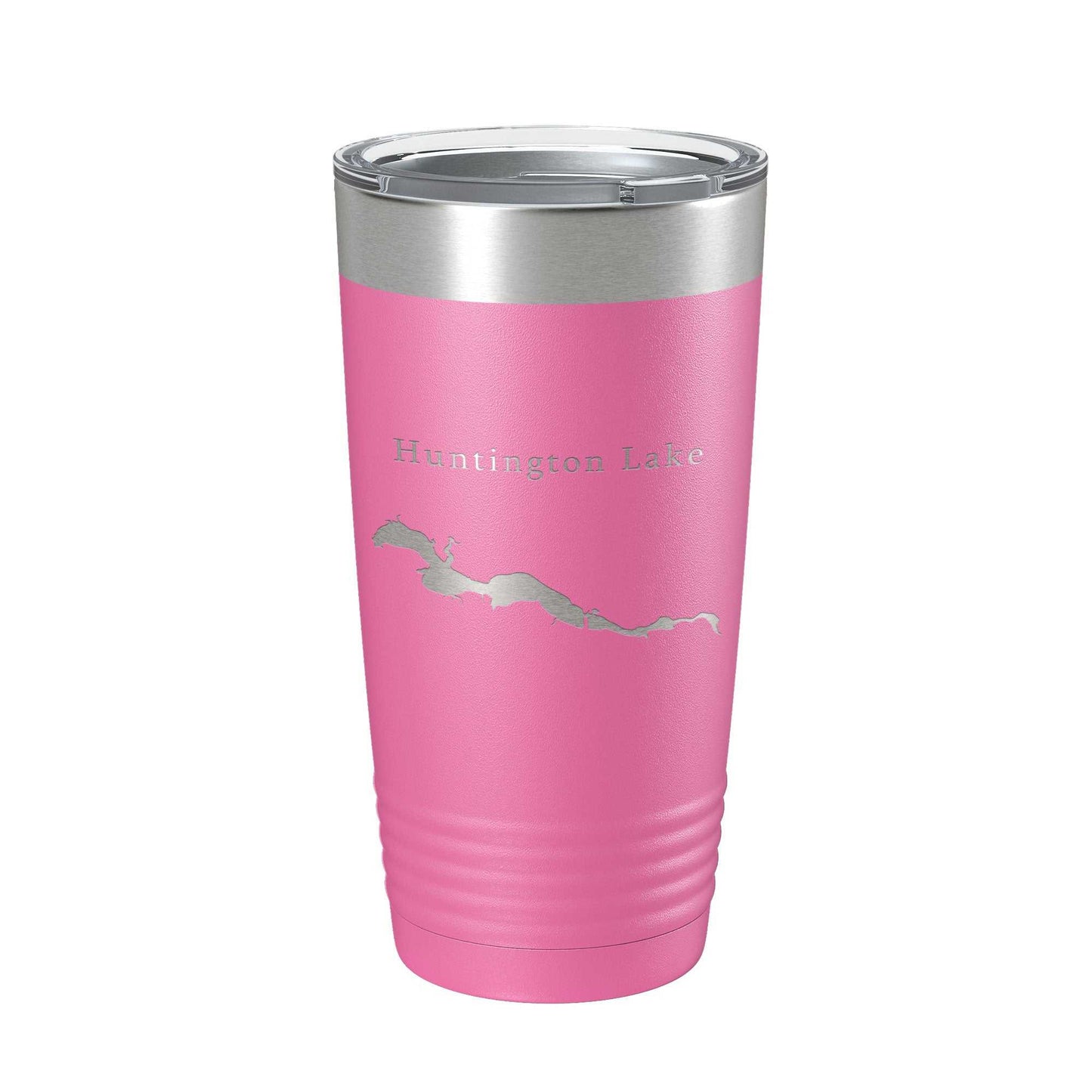 Pink Huntington Lake map laser engraved insulated travel tumbler with clear lid, 20 oz stainless steel coffee cup