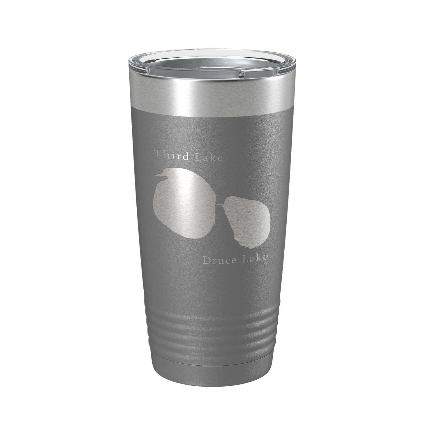 Third and Druce Lakes Map laser engraved stainless steel insulated travel mug with clear lid, 20 oz capacity