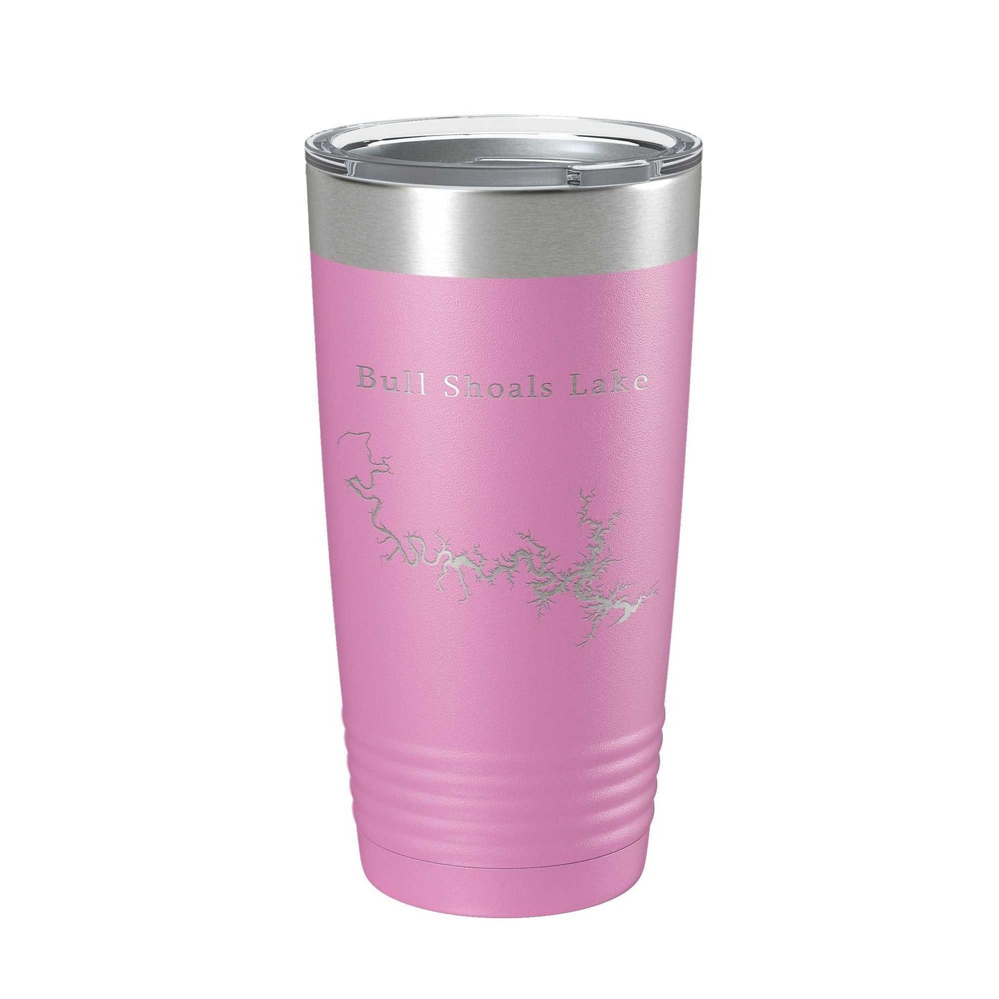 Pink Bull Shoals Lake map laser engraved insulated stainless steel tumbler with clear lid, 20 oz capacity