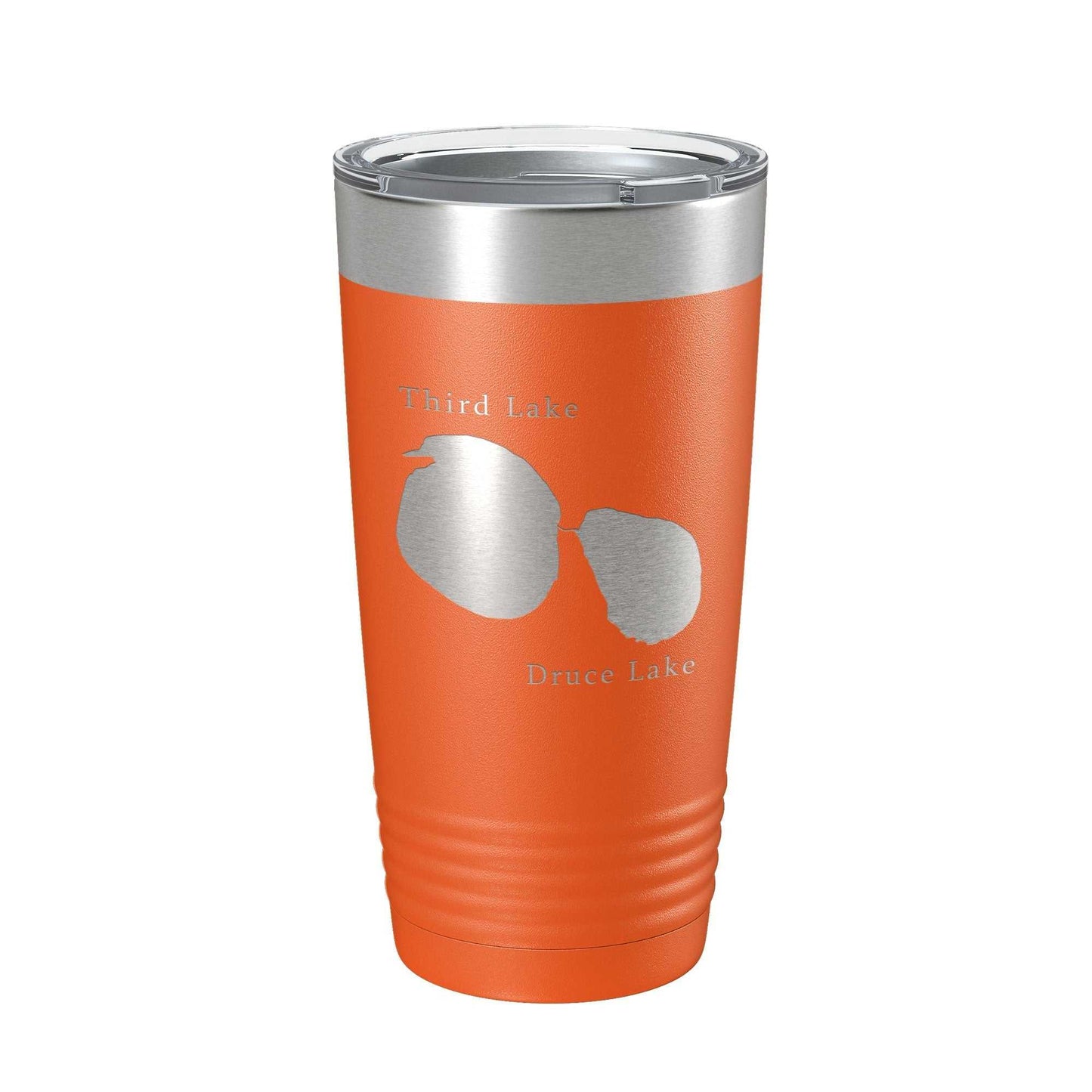 Orange insulated travel tumbler with laser-engraved map of Third and Druce Lakes, clear lid, and stainless steel design.