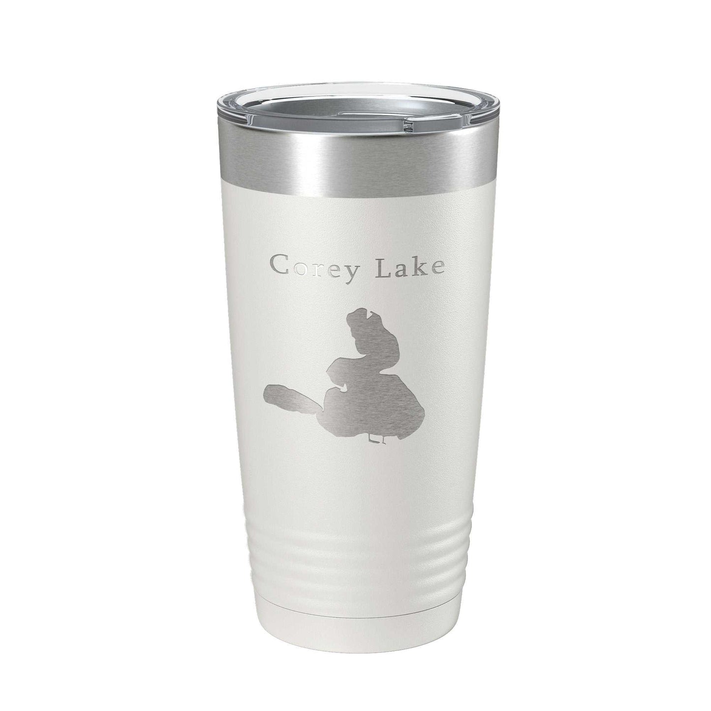 Corey Lake map laser engraved insulated stainless steel travel tumbler with clear lid, 20 oz capacity, white finish