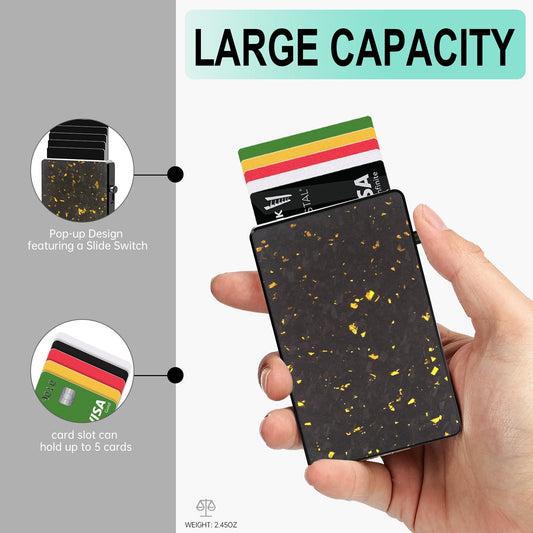 Hand holding TOYFID pop up RFID men's wallet with forged carbon fiber design and multiple cards displayed, highlighting large capacity and slide switch feature.