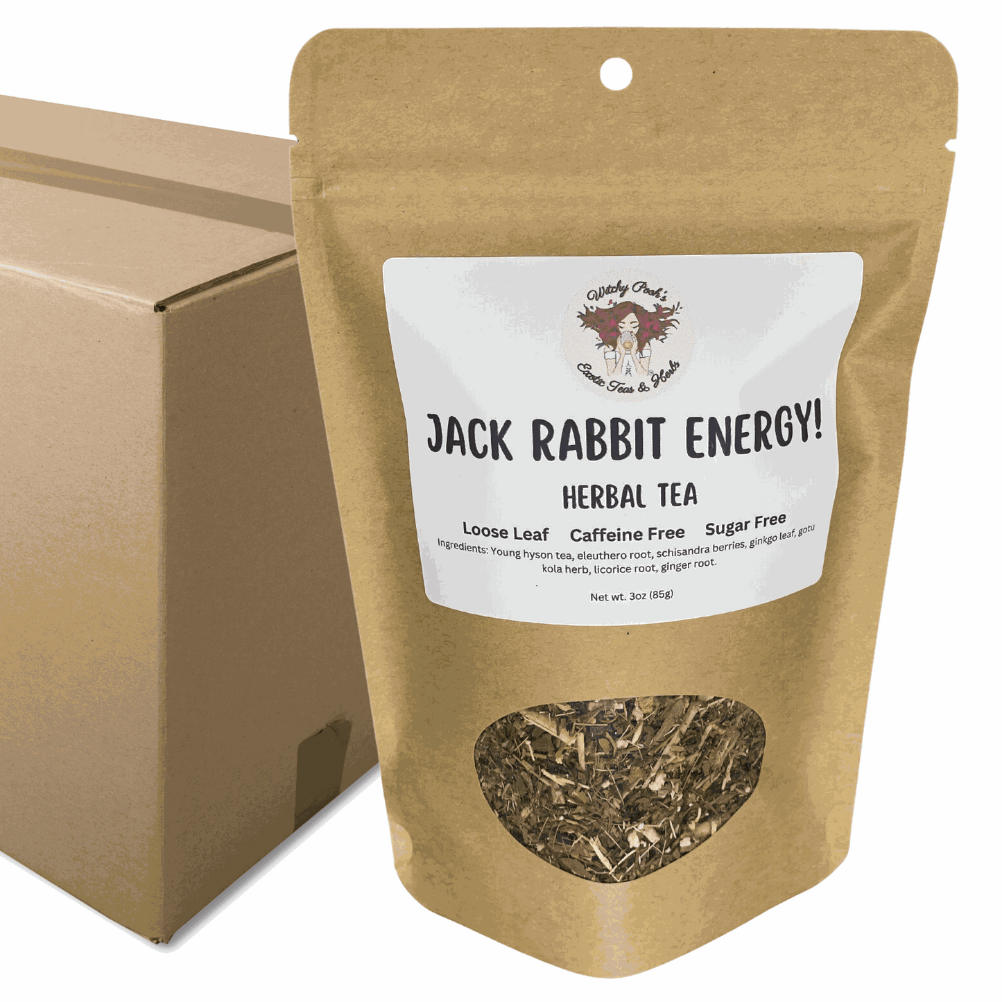 Witchy Pooh's Jack Rabbit Energy Tea loose leaf herbal tea in kraft paper pouch, caffeine-free and sugar-free blend with hyson tea, eleuthero, schisandra, ginkgo, gotu kola, licorice, and ginger roots.