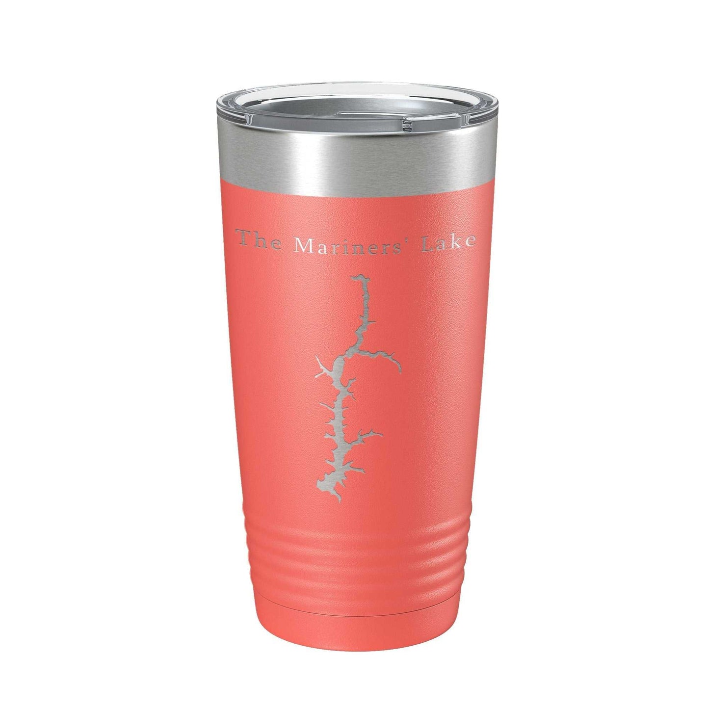 Coral insulated stainless steel travel mug with Mariners' Lake map laser engraved and clear lid, 20 oz capacity
