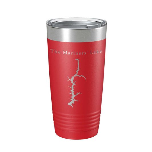 Red Mariners' Lake Map insulated stainless steel travel tumbler with clear lid and laser-etched design