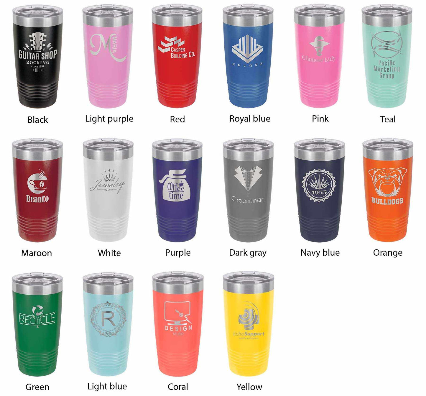 Set of colorful 20 oz stainless steel insulated travel mugs with clear lids featuring various logos and designs, perfect for hot and cold beverages.
