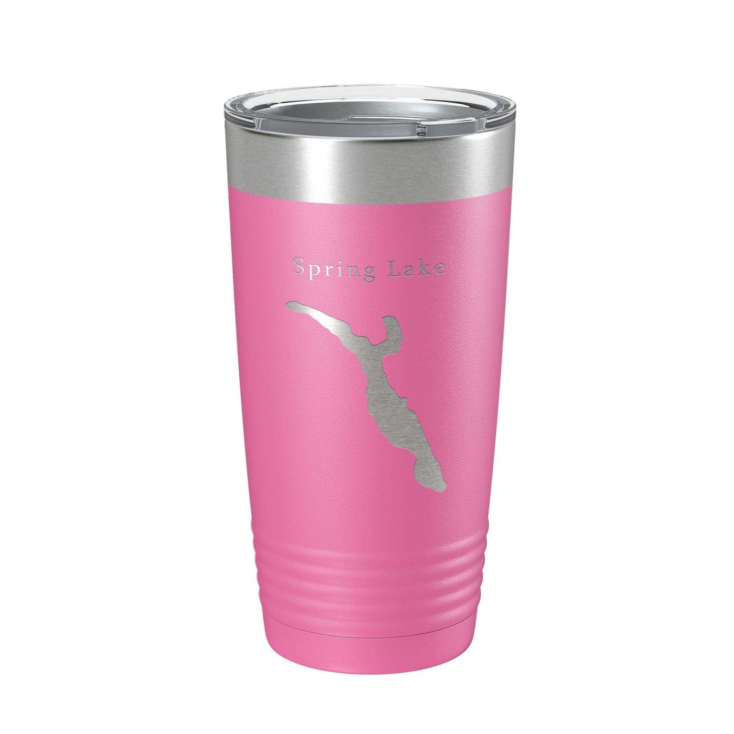 Pink stainless steel insulated travel mug with Spring Lake Divine Park map laser engraved and clear lid, 20 oz capacity