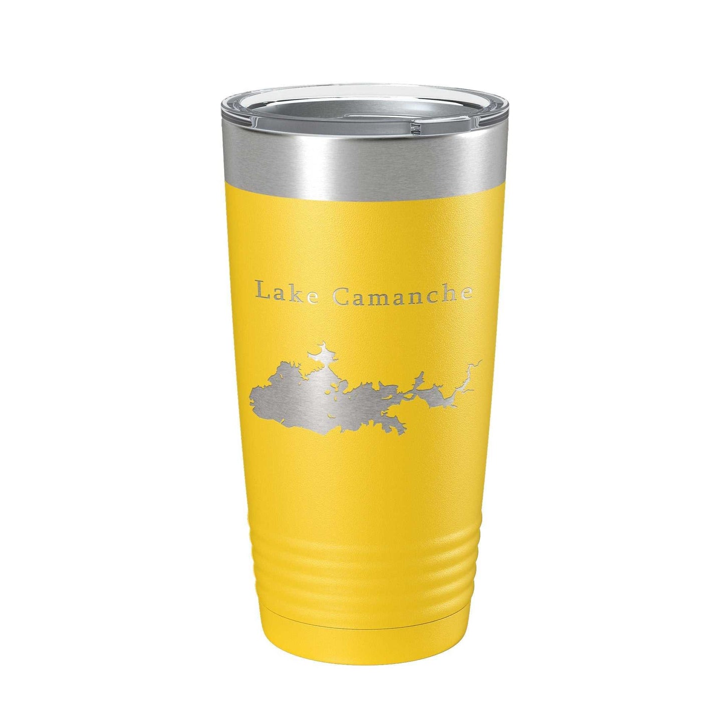 Yellow insulated travel mug with laser-engraved Lake Camanche map and clear lid, 20 oz stainless steel tumbler