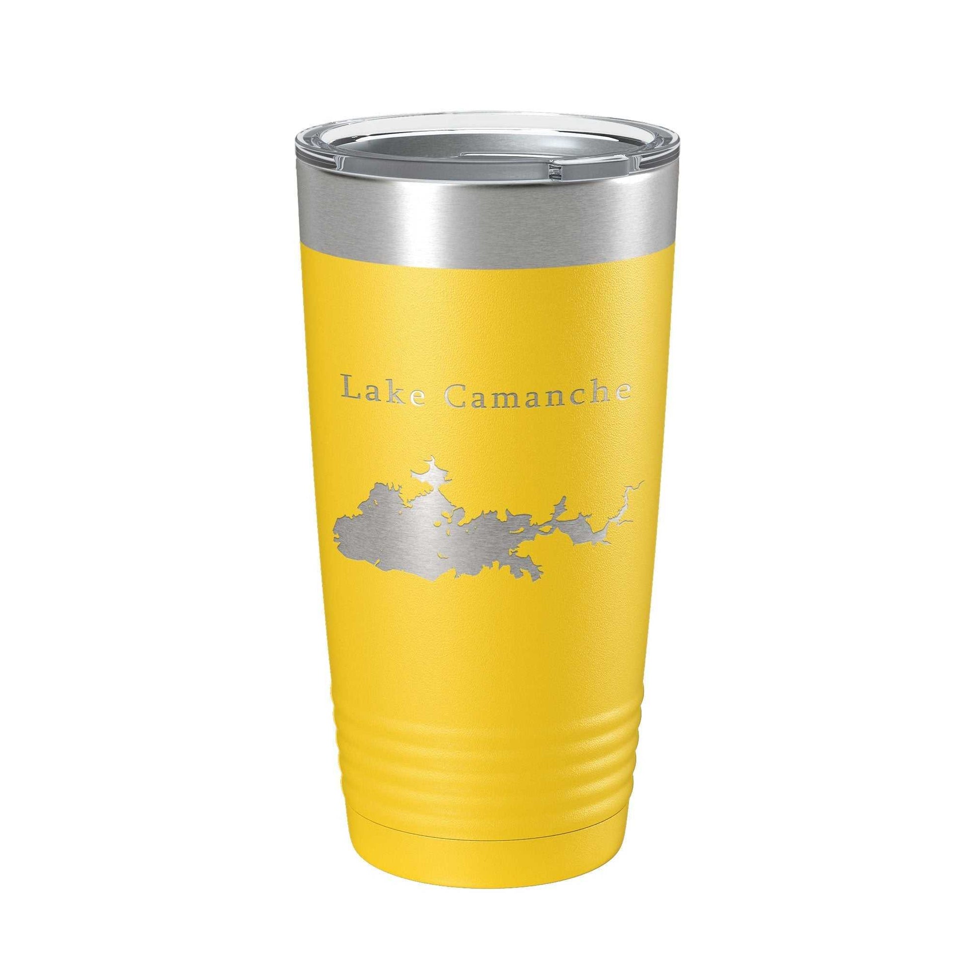 Yellow insulated travel mug with laser-engraved Lake Camanche map and clear lid, 20 oz stainless steel tumbler