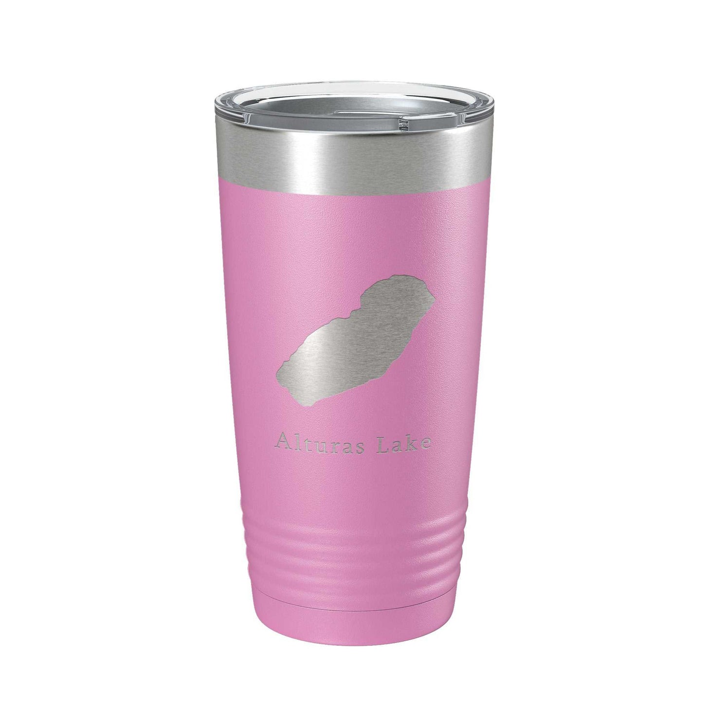 Pink Alturas Lake Map Tumbler travel mug with laser engraved design, insulated stainless steel, clear lid, 20 oz capacity