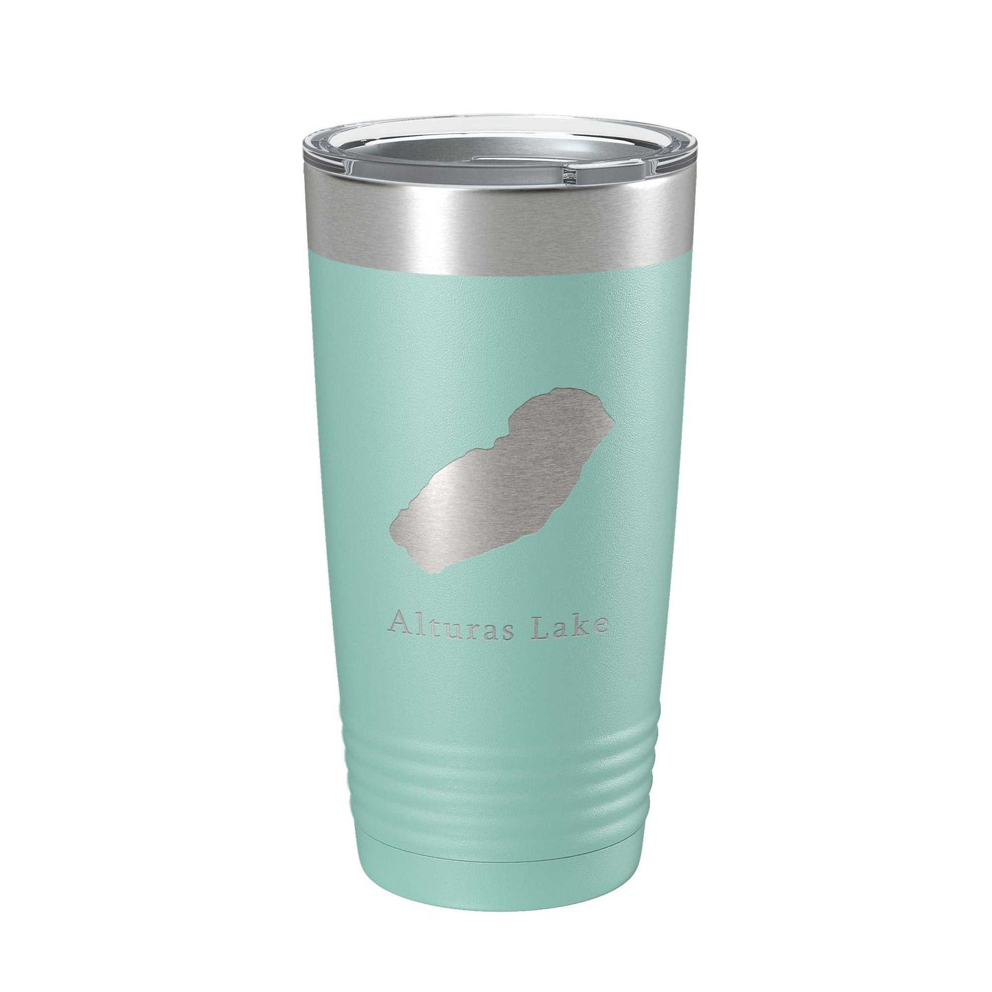 Alturas Lake Map Tumbler travel mug with laser-etched design, insulated stainless steel coffee cup, 20 oz with clear lid and non-slip grip.