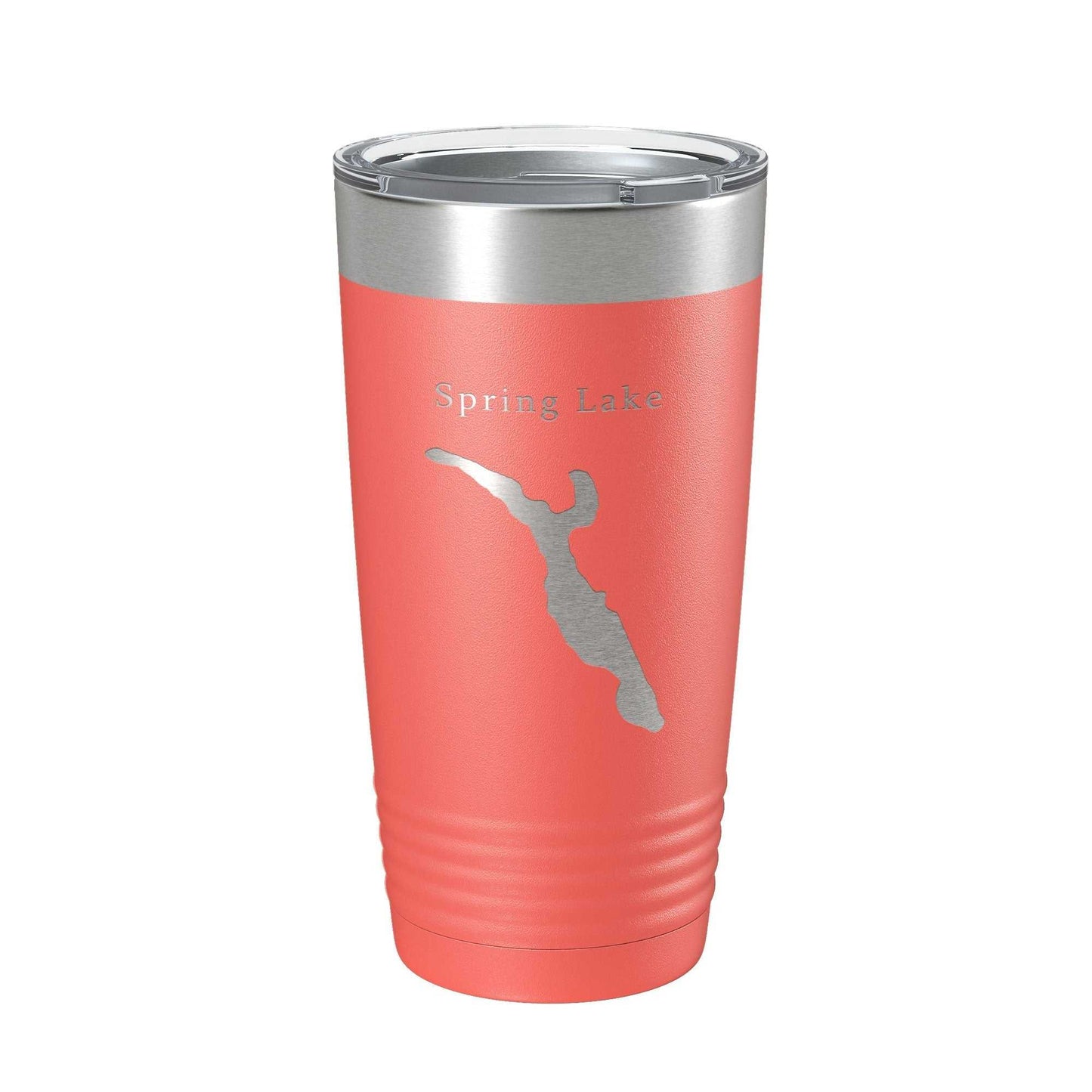Coral-colored insulated travel tumbler with laser-etched Spring Lake Divine Park map and clear lid, 20 oz stainless steel cup.