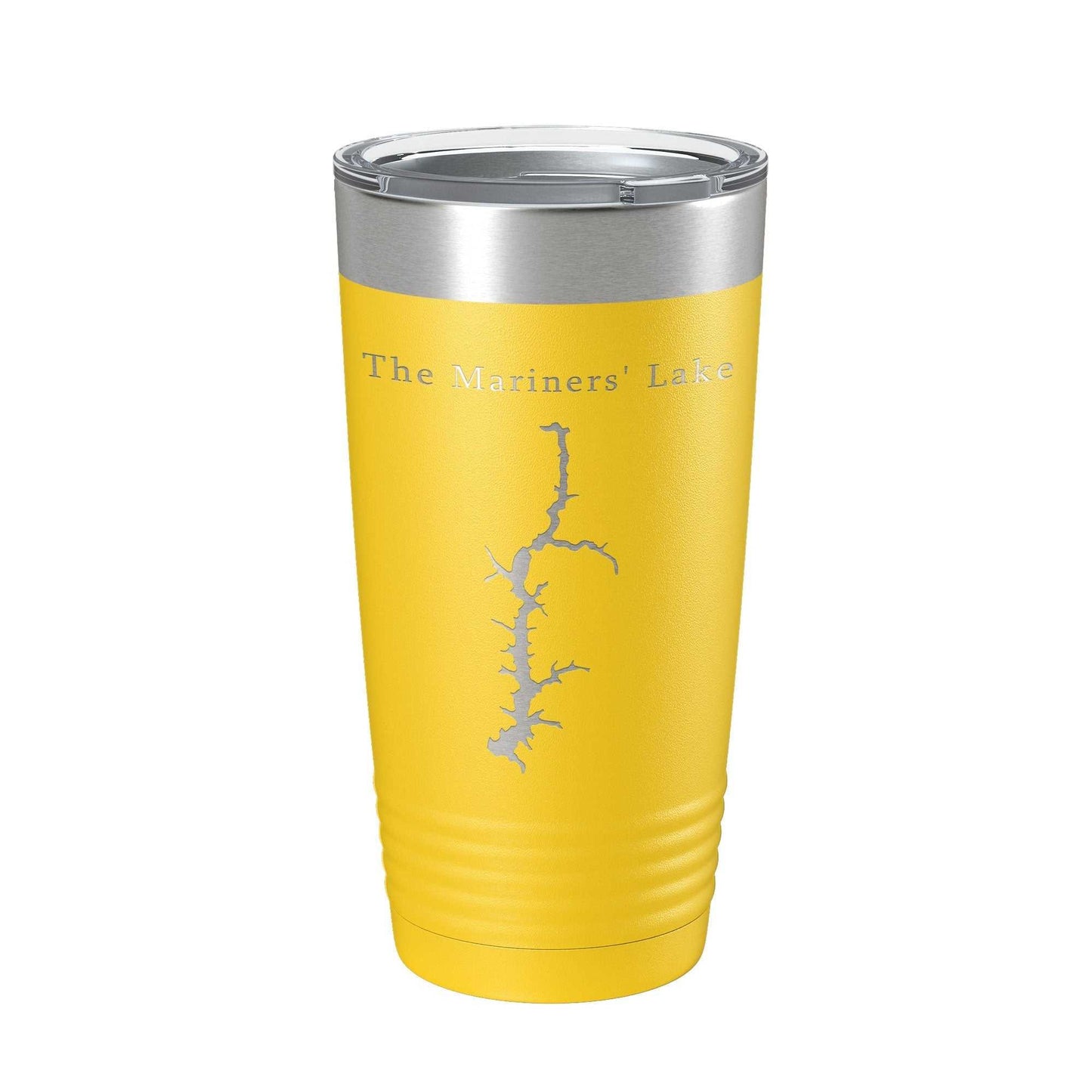 Yellow Mariners' Lake Map insulated stainless steel travel tumbler with clear lid and laser-engraved design
