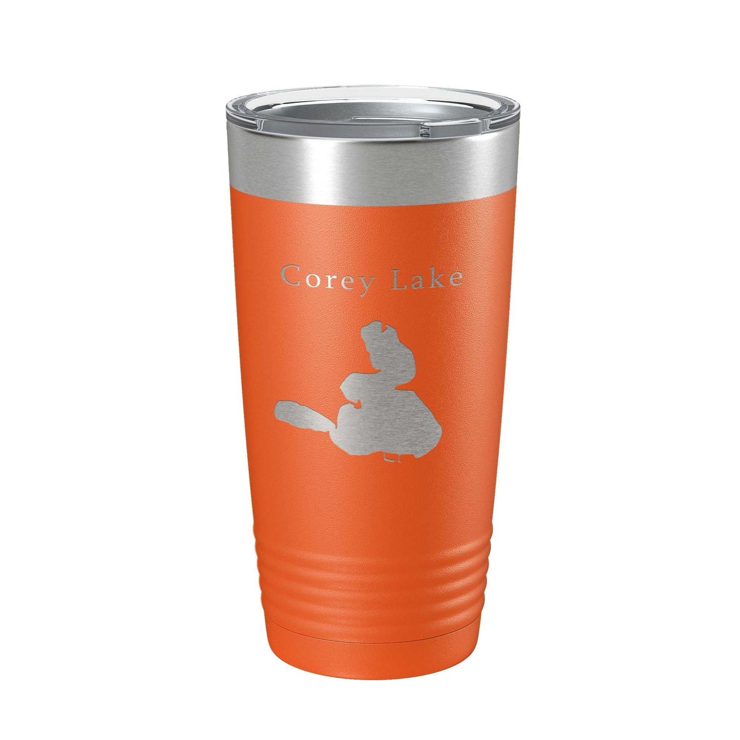Orange Corey Lake Map laser engraved insulated travel tumbler with clear lid, 20 oz stainless steel coffee mug
