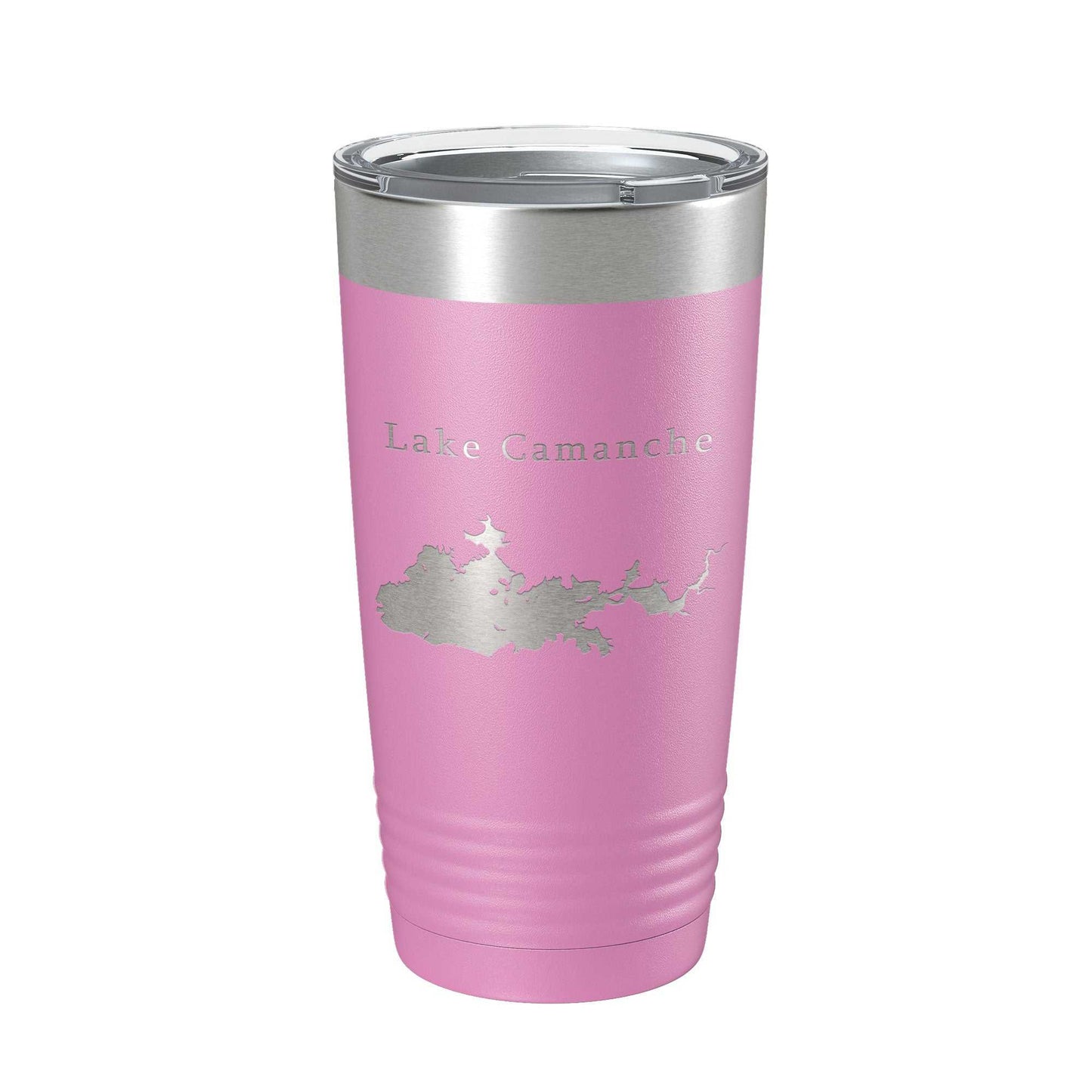 Pink stainless steel Lake Camanche Map insulated travel tumbler with clear lid and laser-etched design