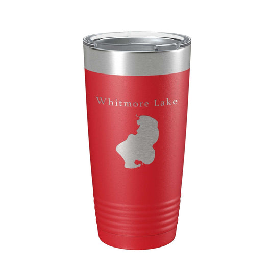 Red stainless steel Whitmore Lake Map Tumbler travel mug with laser engraved design and clear lid, 20 oz insulated coffee cup.