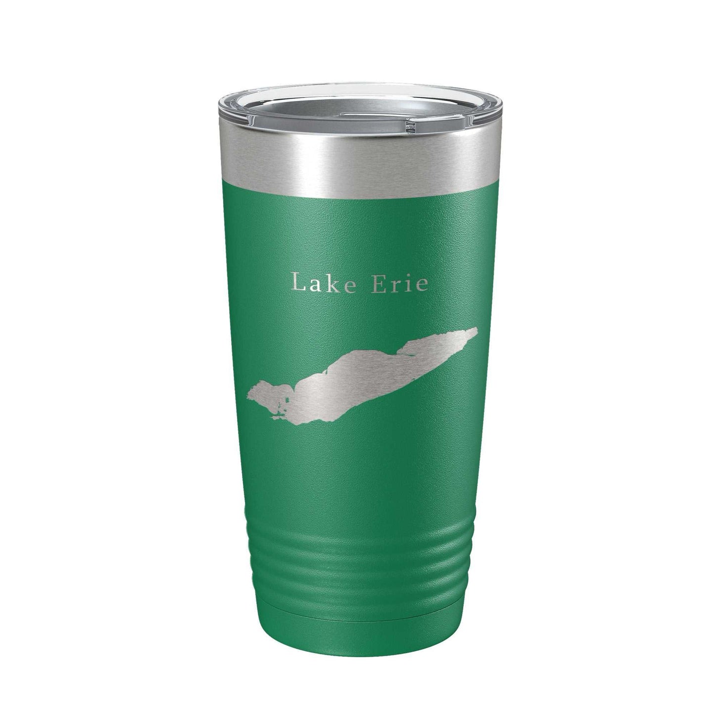 Green insulated travel mug with laser-engraved Lake Erie map and clear lid, 20 oz stainless steel tumbler.