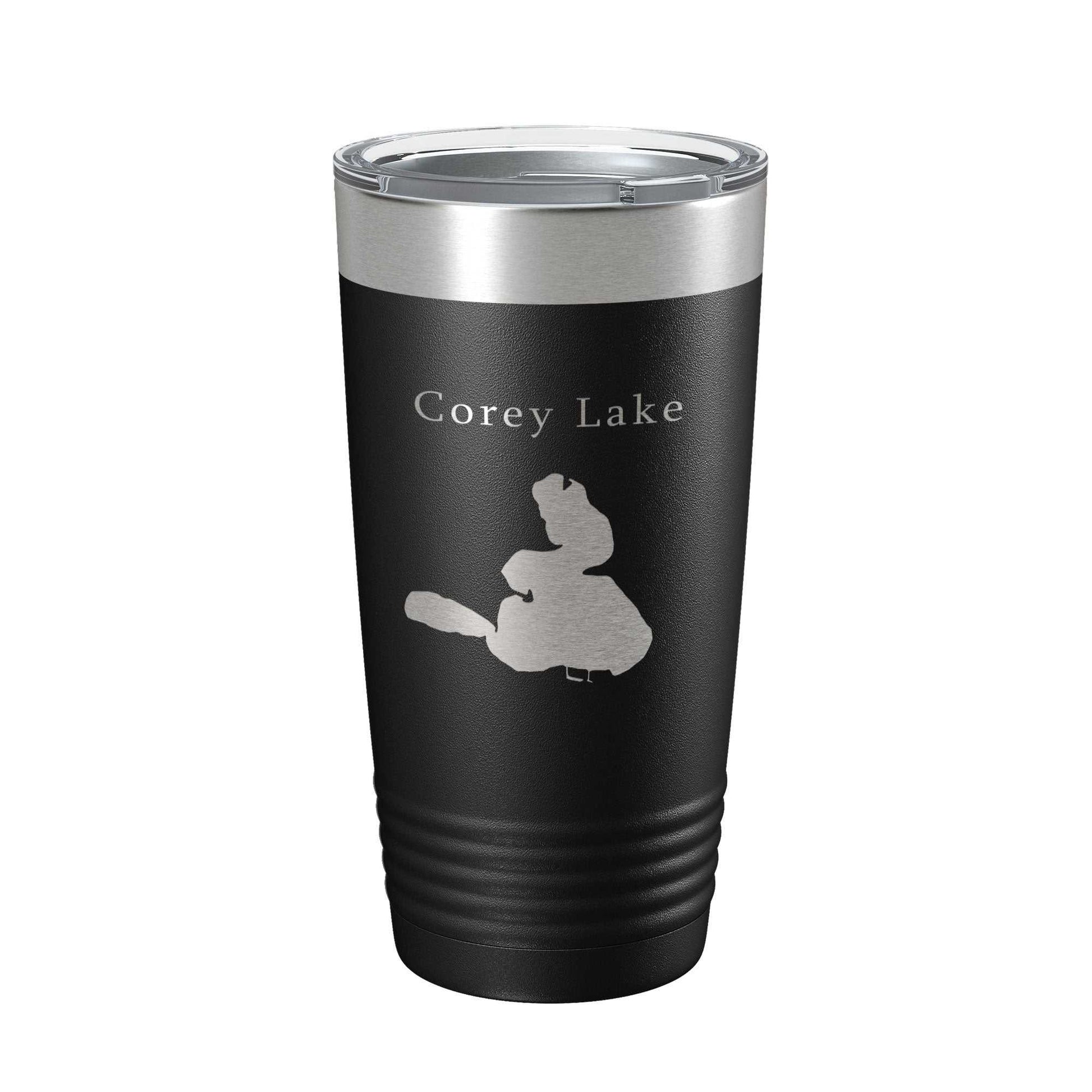 Corey Lake Map black insulated stainless steel travel tumbler with clear lid and laser-etched design, 20 oz capacity