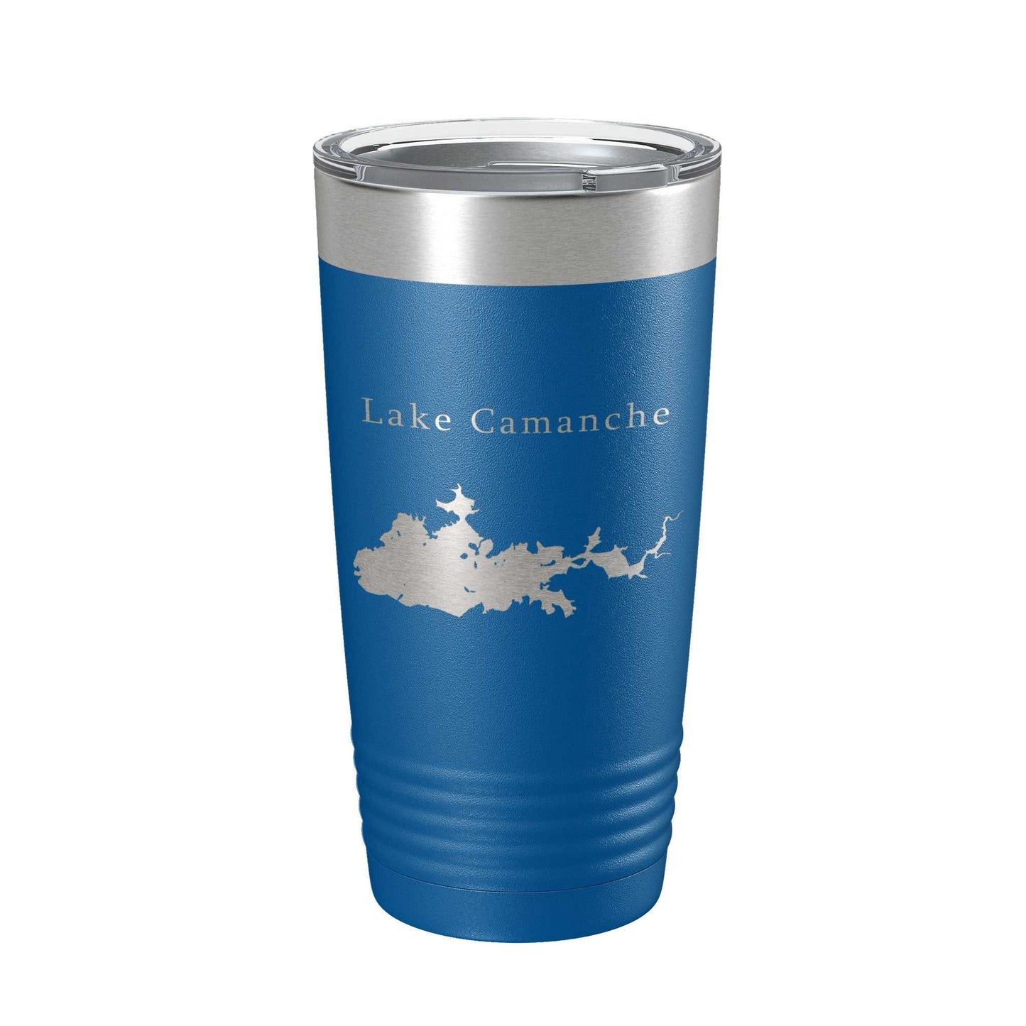 Blue Lake Camanche map laser engraved insulated stainless steel travel tumbler with clear lid, 20 oz capacity