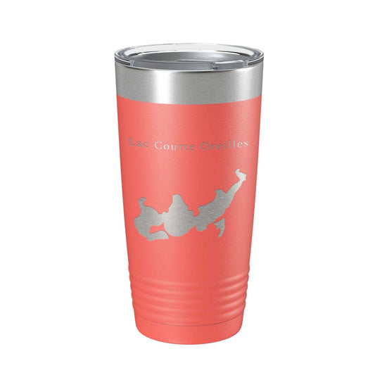 Coral Lac Courte Oreilles Tumbler with laser-etched lake map, stainless steel insulated travel mug with clear lid, 20 oz capacity