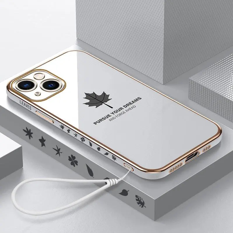 iPhone 14 Anacotte maple leaves plating case with gold trim and leaf design
