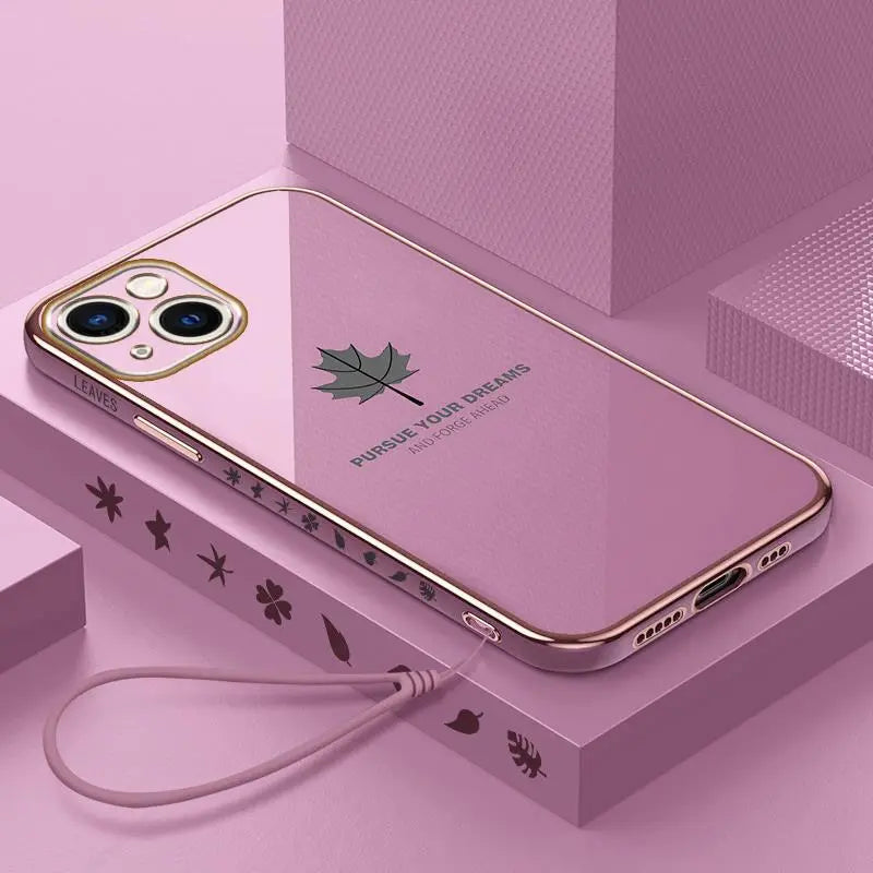 iPhone 14 Anacotte maple leaves plating case with gold edges and leaf design on pink background