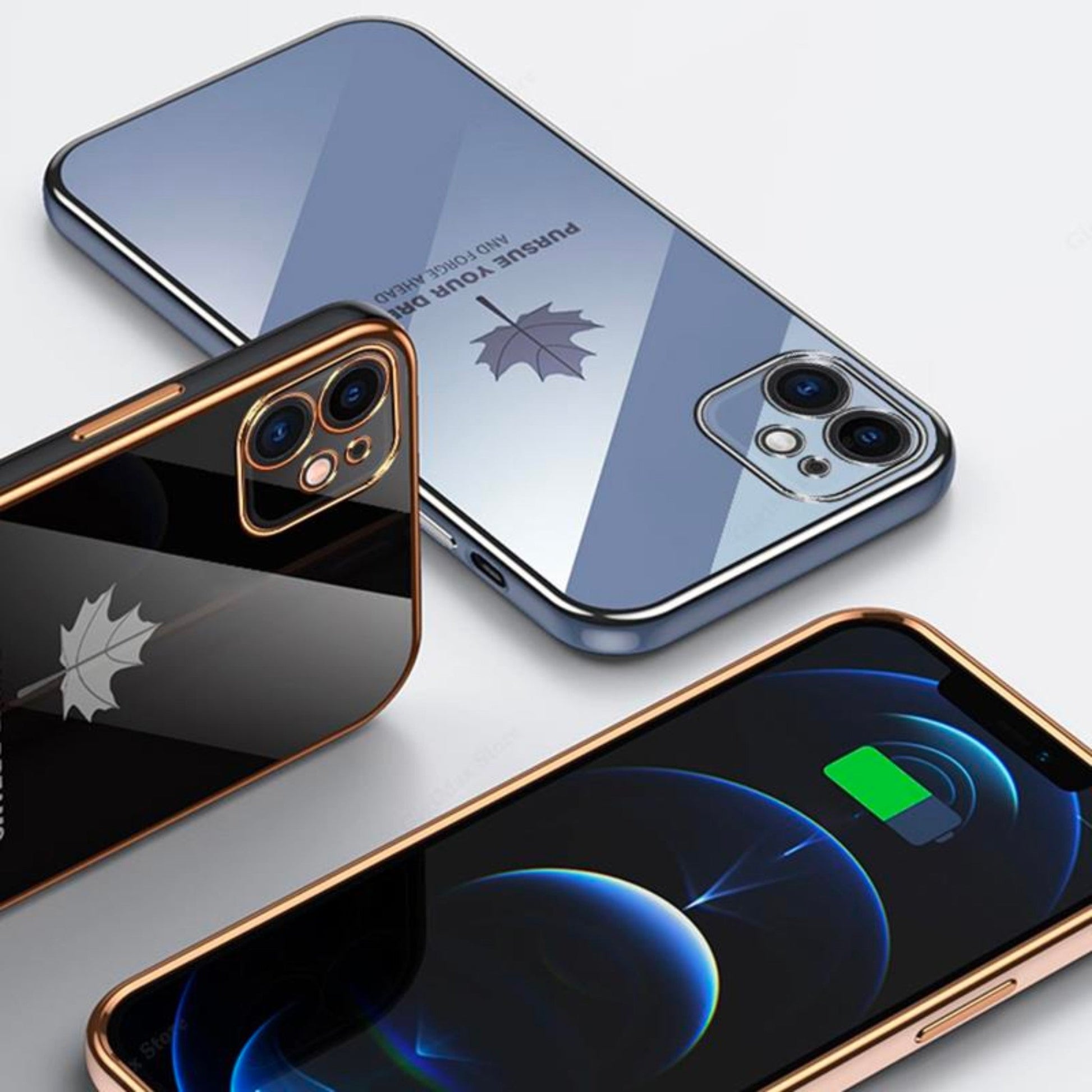 iPhone 14 Anacotte maple leaves plating protective case with reflective surface and metallic edges