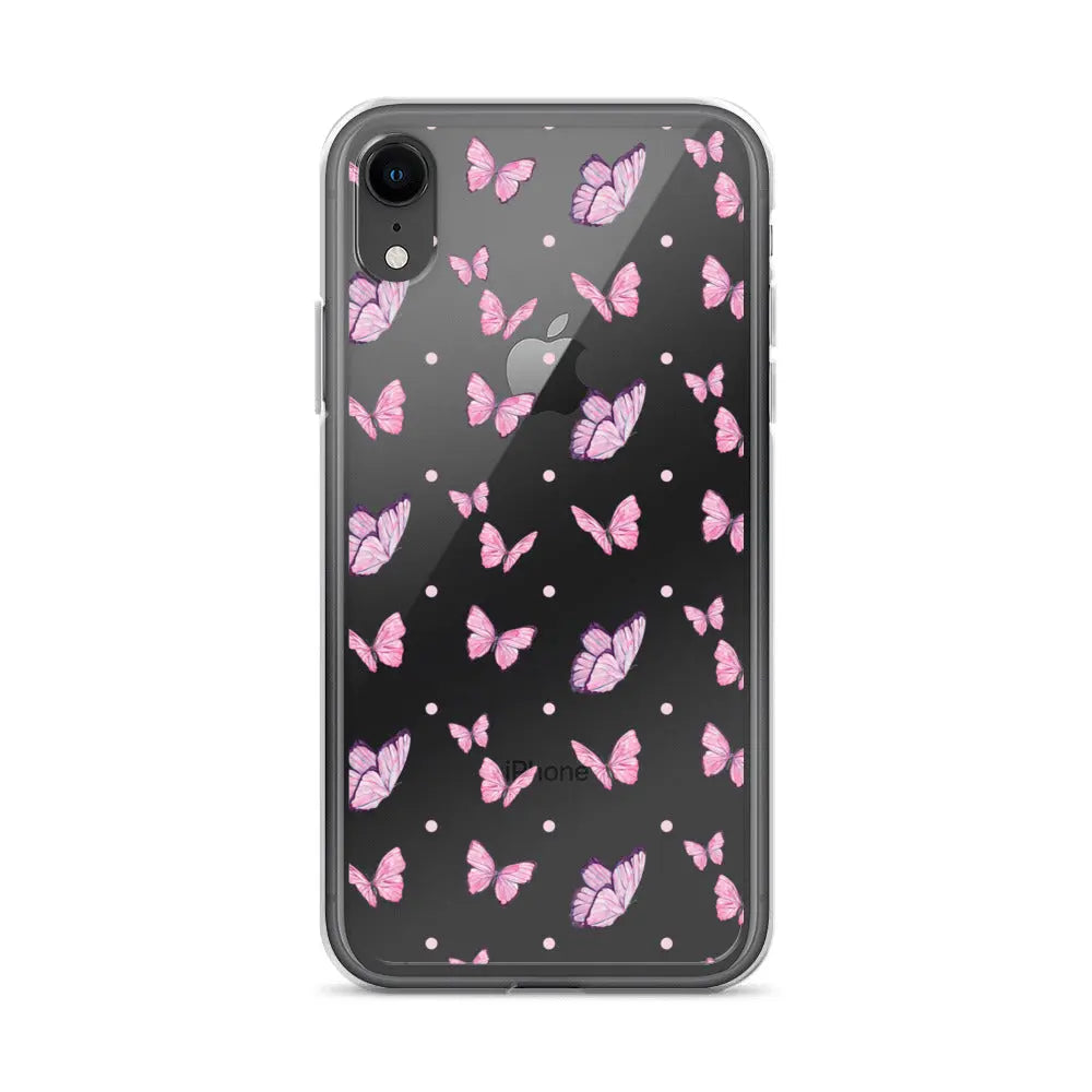 Clear printed silicone iPhone case with pink butterfly design and shockproof protection.