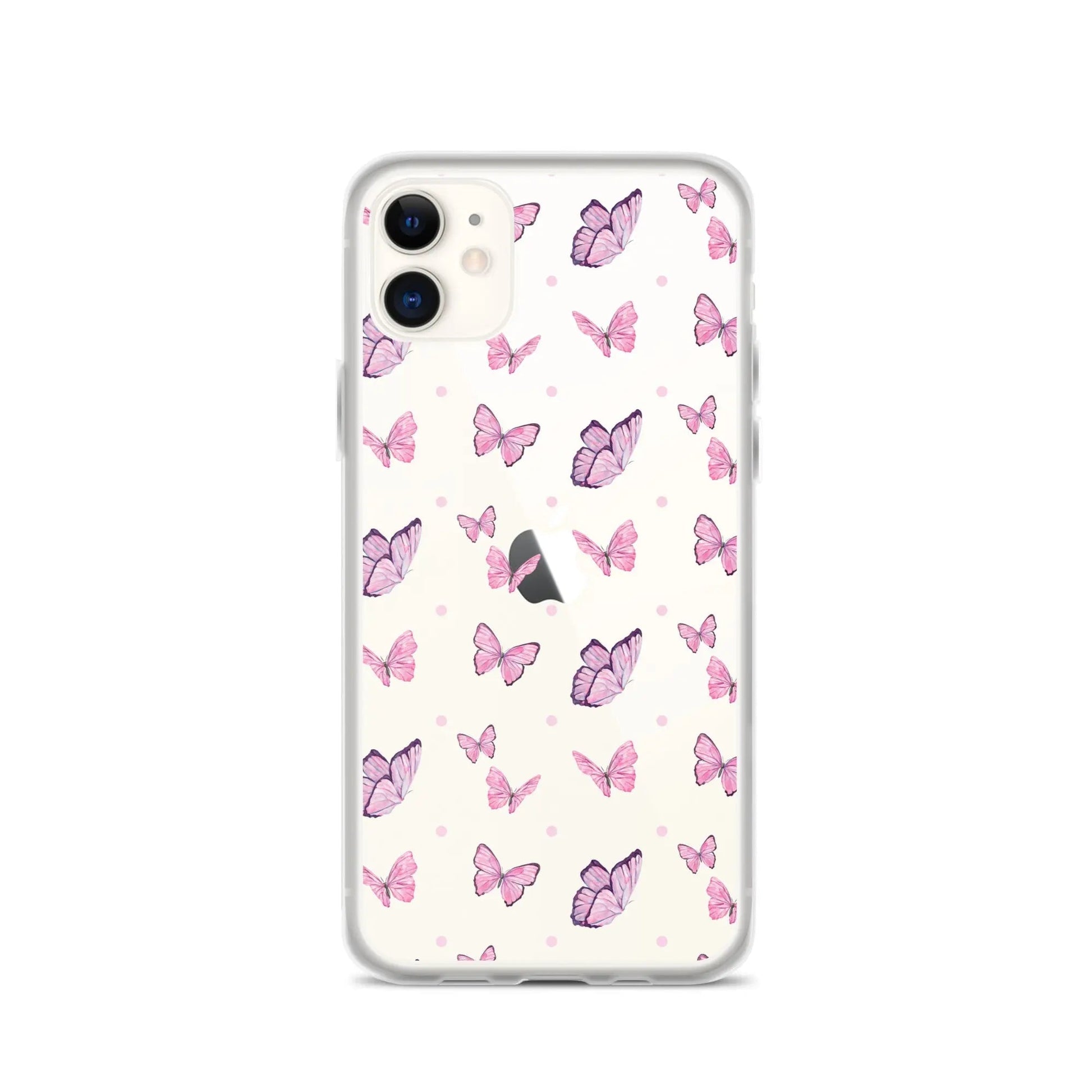 Clear printed silicone iPhone case with pink butterfly design, flexible sides, and solid protective back