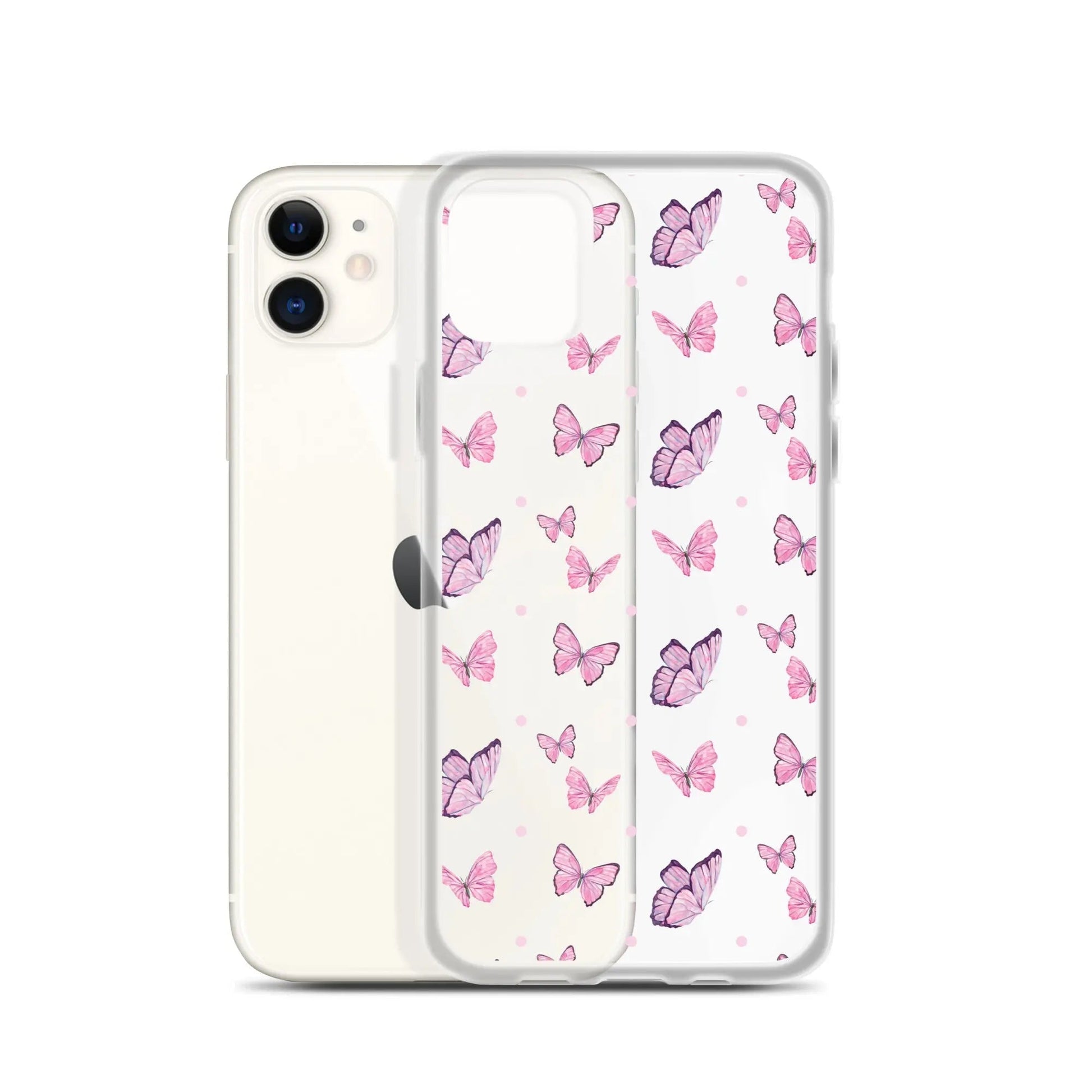 Clear printed silicone iPhone case with pink butterfly design for Apple iPhone 11, shockproof and slim fit.