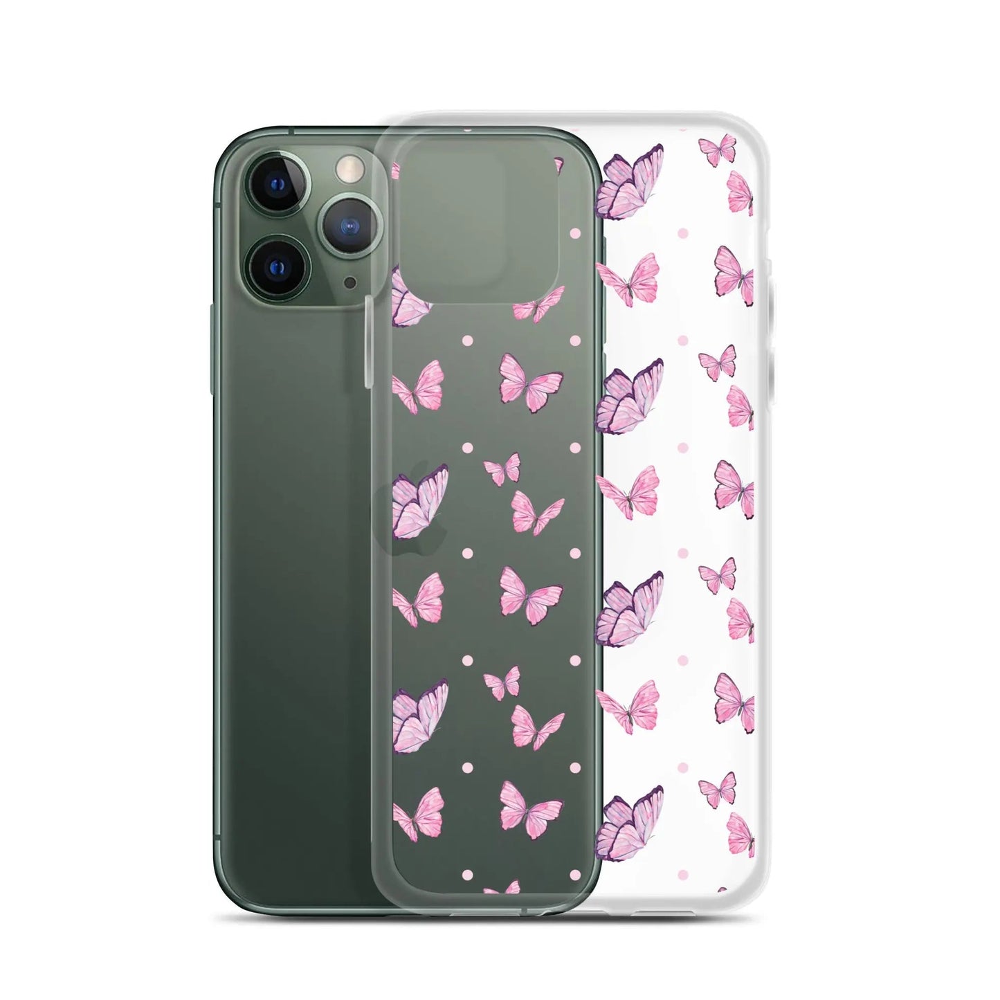 Clear printed silicone iPhone case with pink butterfly design, shockproof hybrid TPU and polycarbonate protection