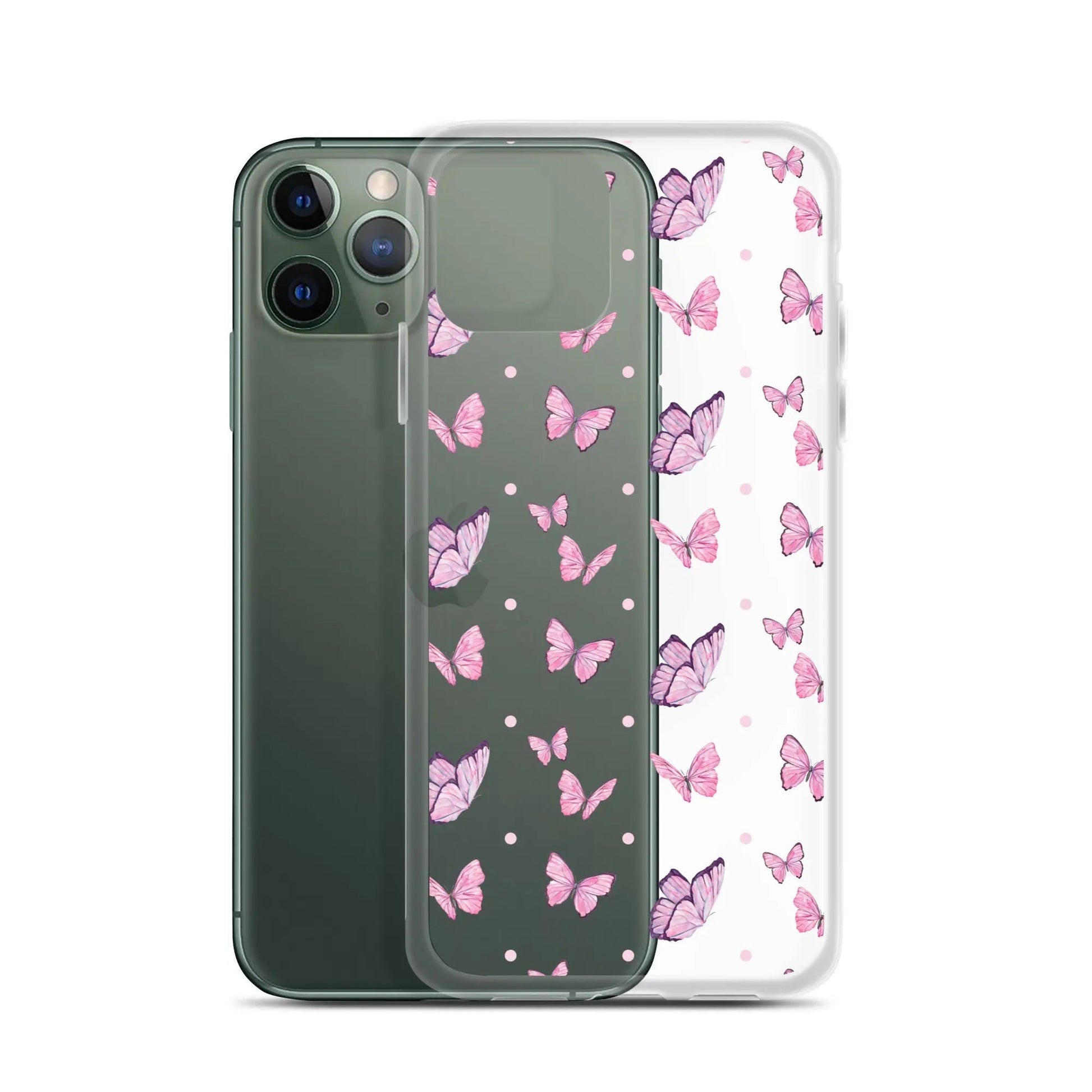 Clear printed silicone iPhone case with pink butterfly design, shockproof hybrid TPU and polycarbonate protection