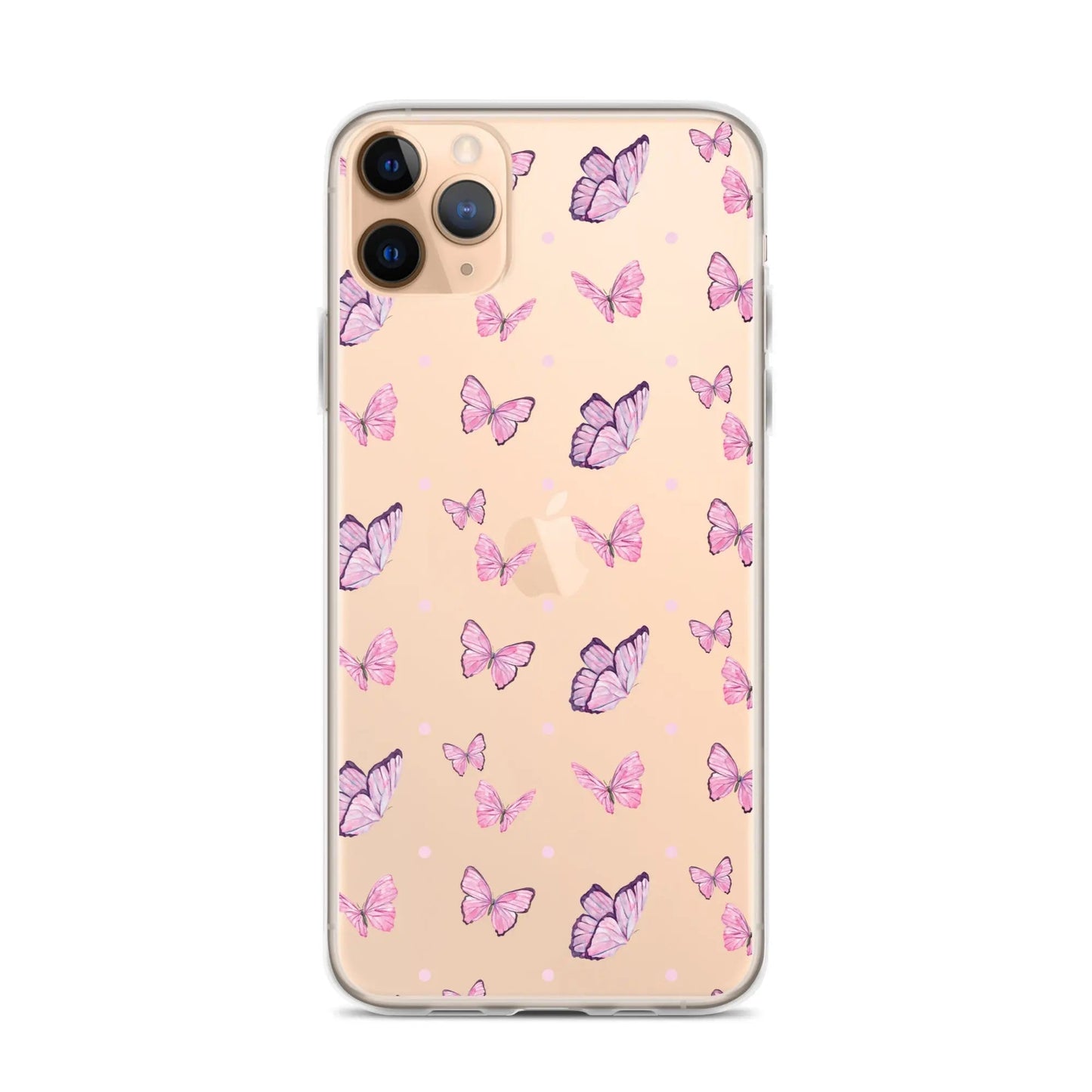 Clear printed silicone iPhone case with pink butterfly pattern and shockproof protection