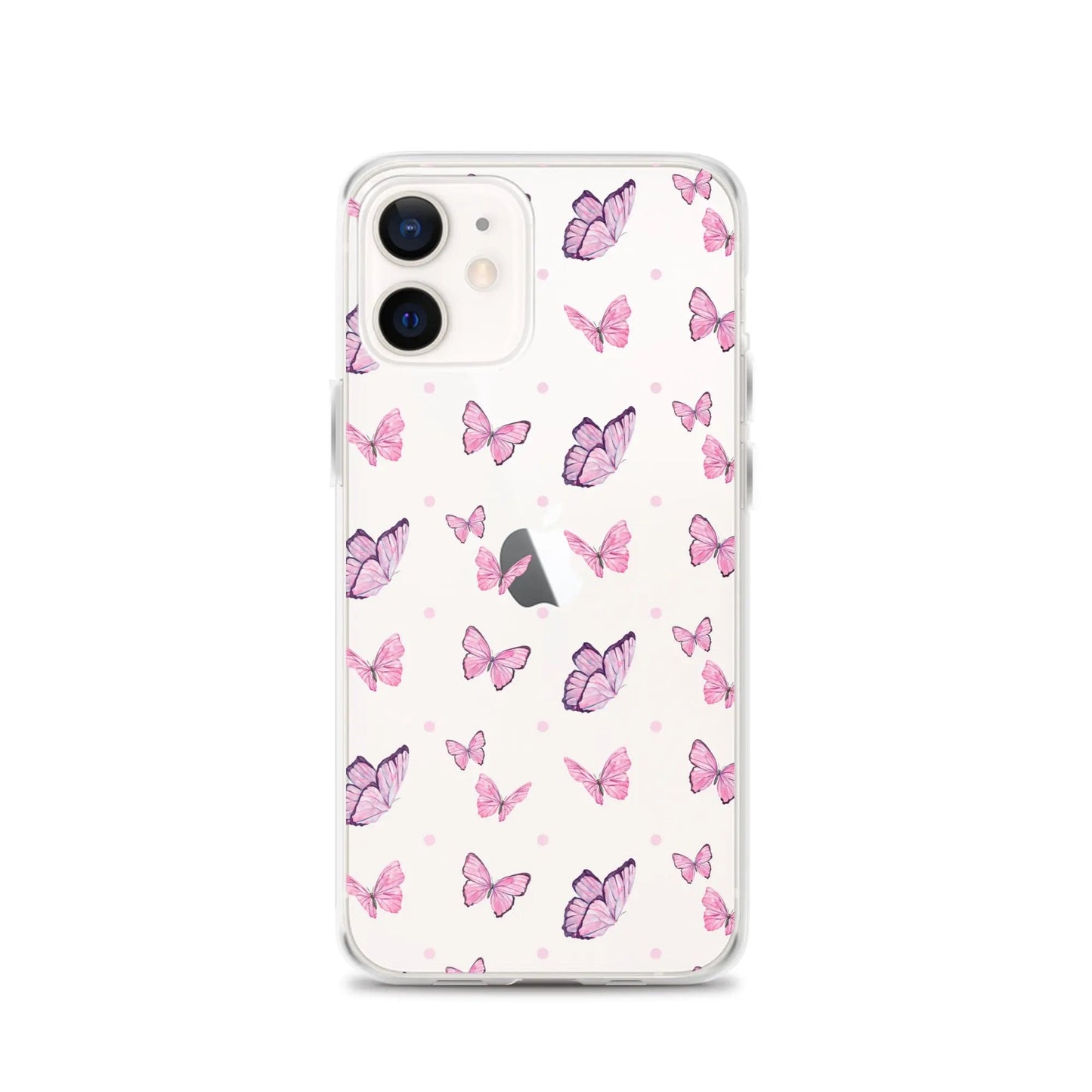 Clear printed silicone iPhone case with pink butterfly design and shockproof protection