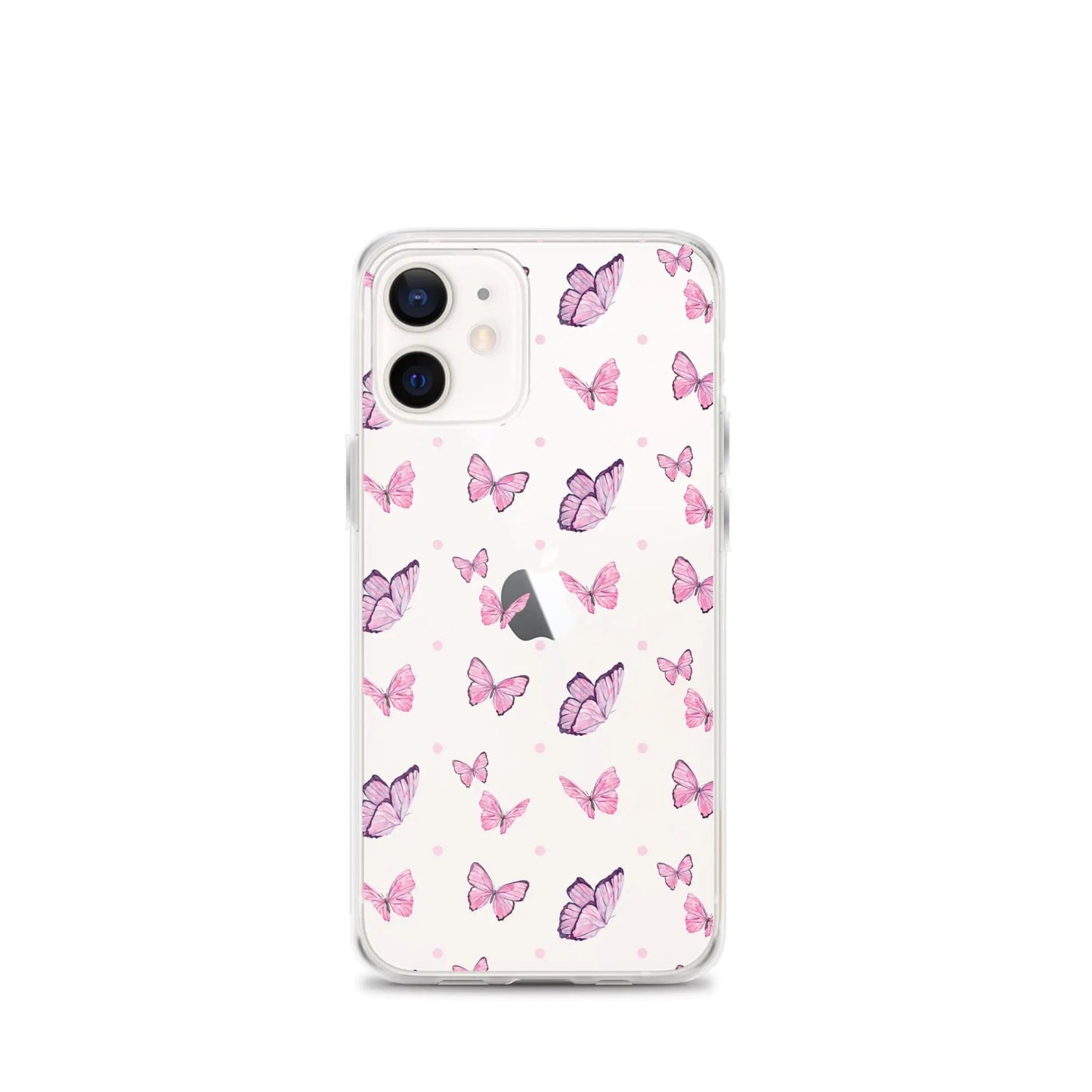 Clear printed silicone iPhone case with pink butterfly design, shockproof and slim fit protection